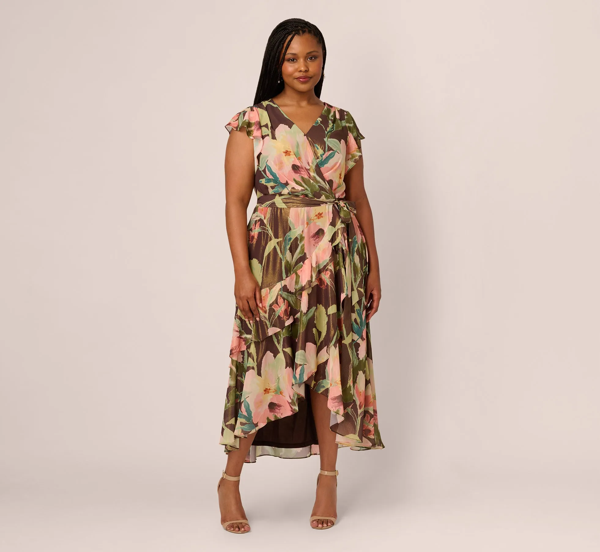 Plus Size Flutter Sleeve High Low Midi Wrap Dress In Brown Multi sold by Adrianna Papell product image thumbnail 2