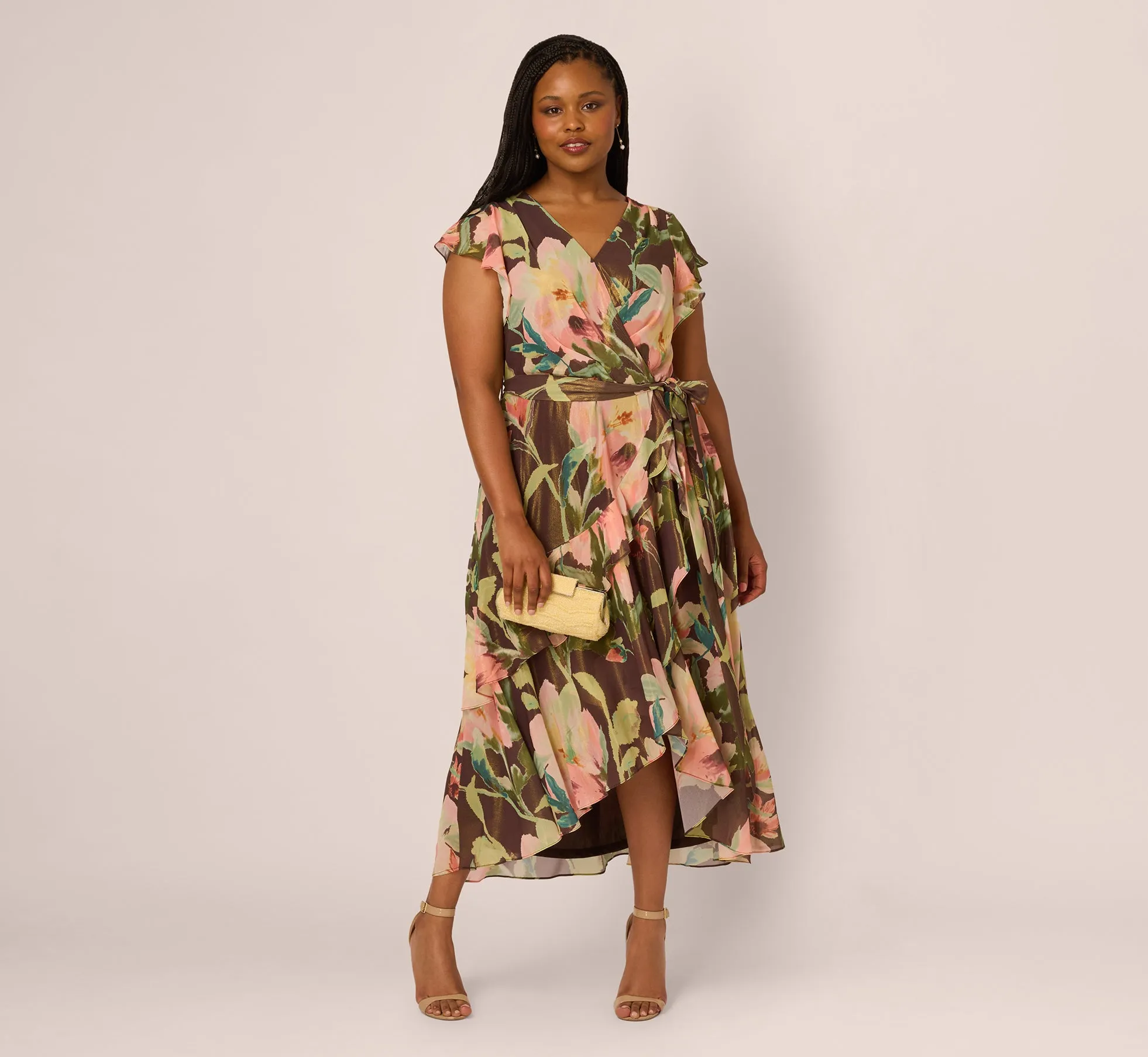 Plus Size Flutter Sleeve High Low Midi Wrap Dress In Brown Multi sold by Adrianna Papell