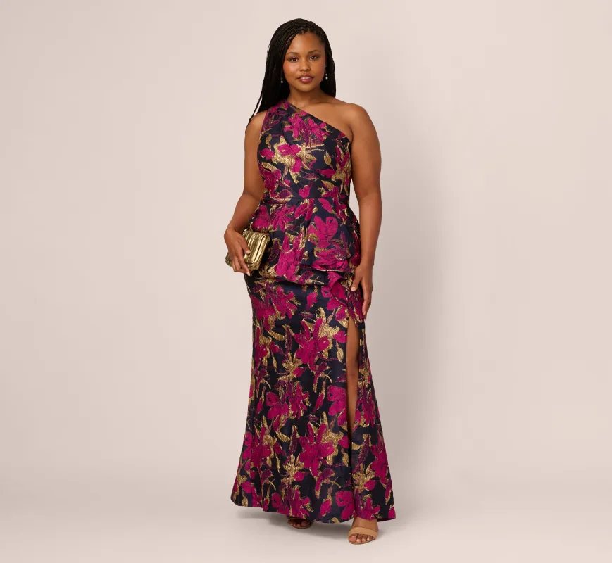 Plus Size One Shoulder Jacquard Dress In Navy Pink sold by Adrianna Papell