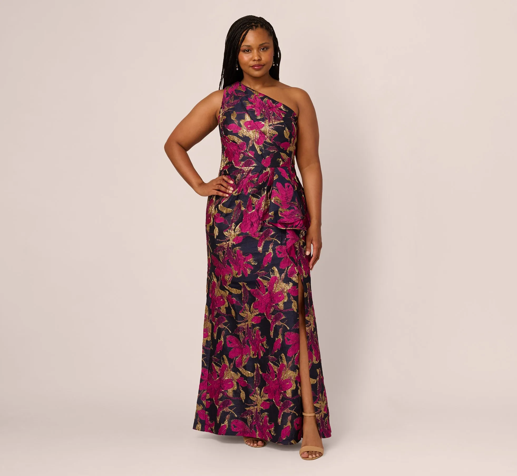 Plus Size One Shoulder Jacquard Dress In Navy Pink sold by Adrianna Papell product image thumbnail 2