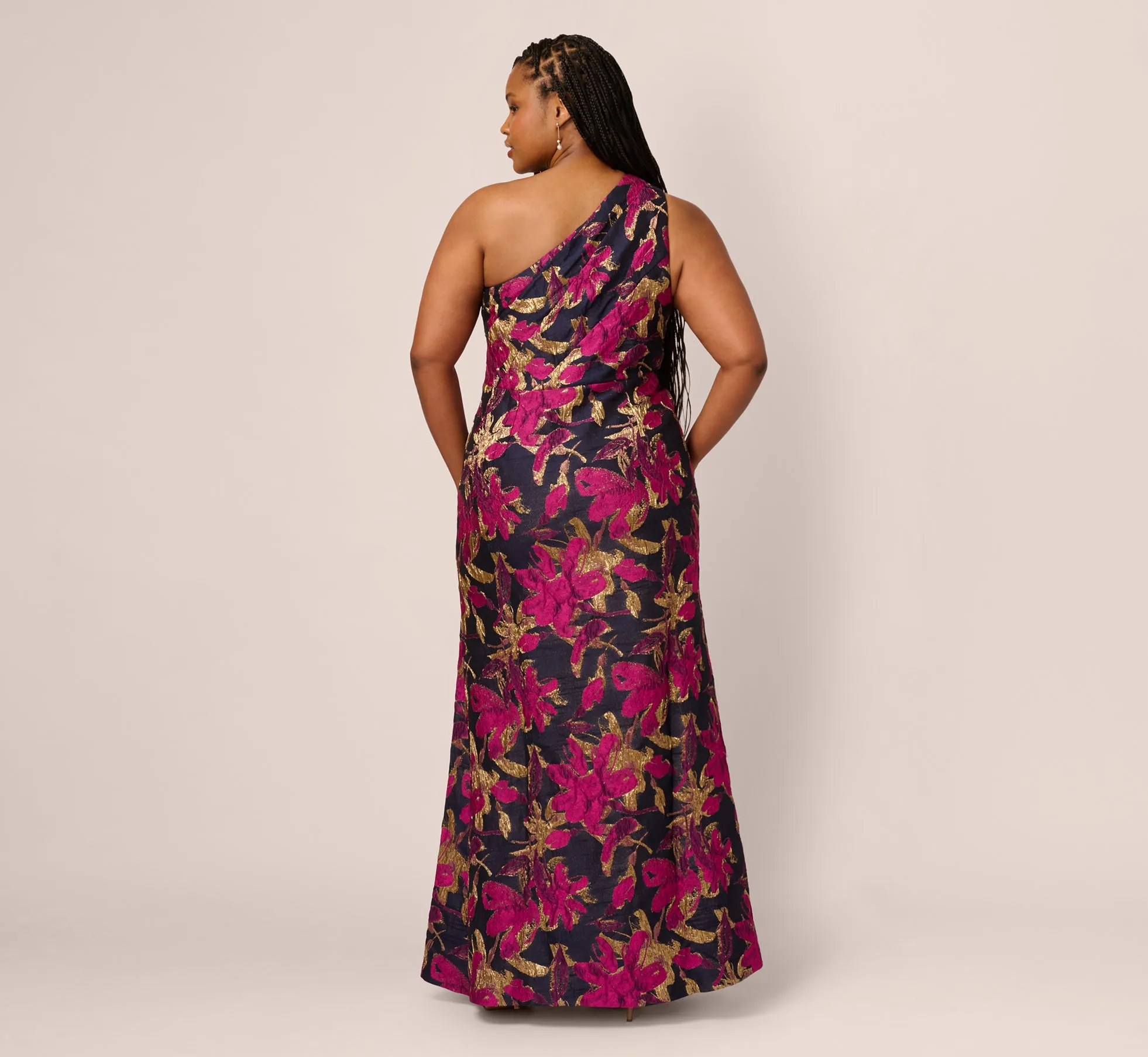 Plus Size One Shoulder Jacquard Dress In Navy Pink sold by Adrianna Papell product image thumbnail 5
