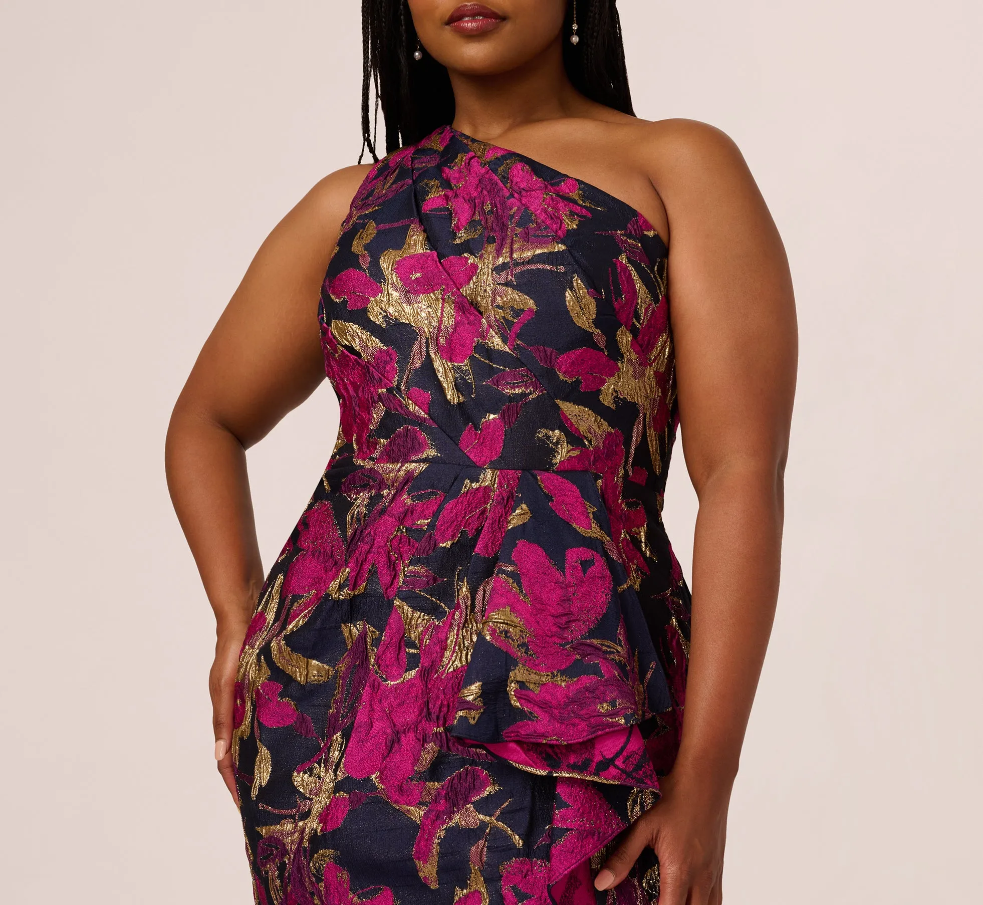 Plus Size One Shoulder Jacquard Dress In Navy Pink sold by Adrianna Papell product image thumbnail 4
