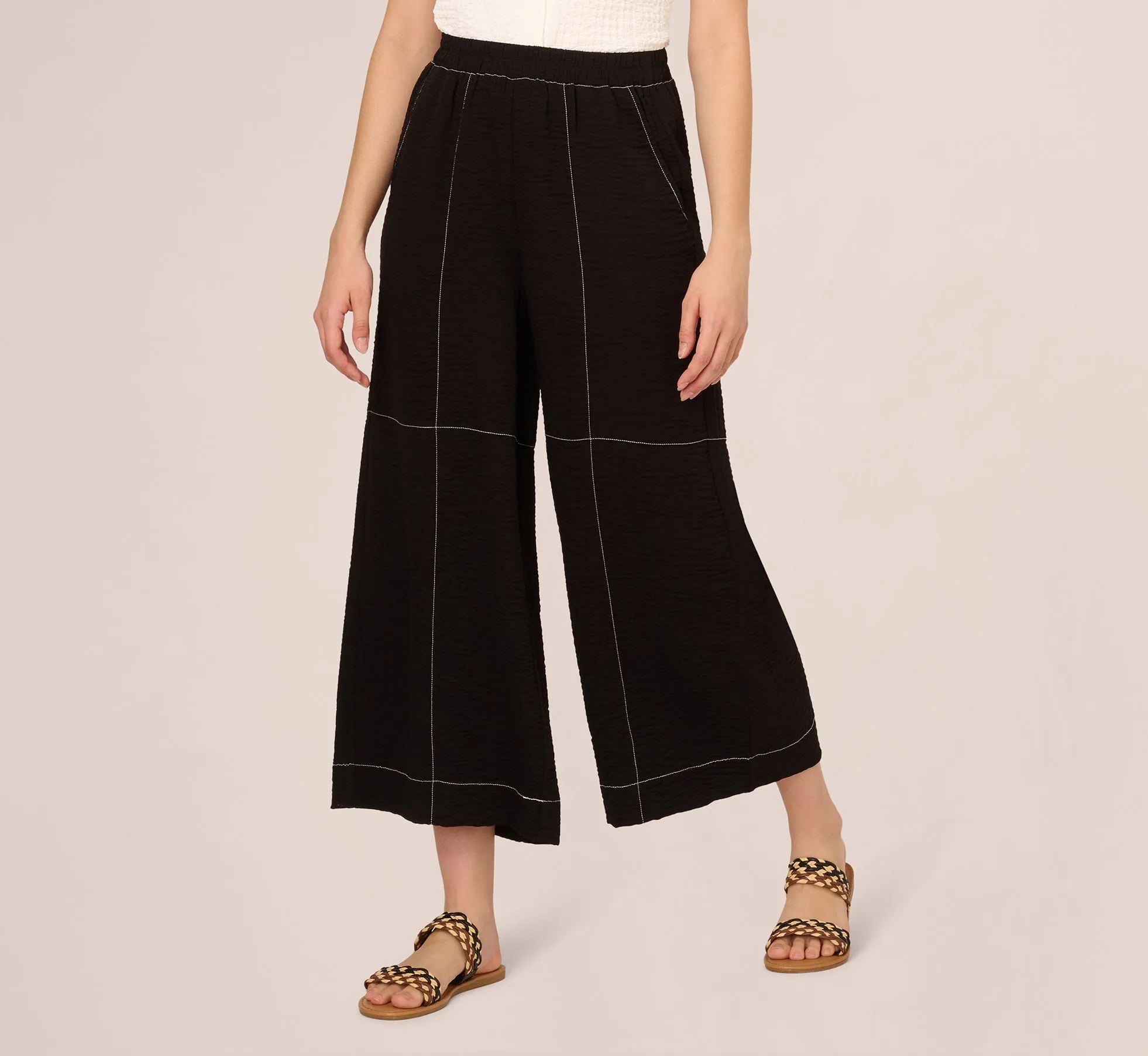 Contrast Stitching Crinkle Midi Pant In Black Ivory sold by Adrianna Papell product image thumbnail 2