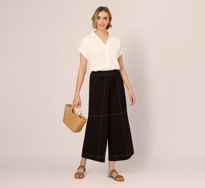 Contrast Stitching Crinkle Midi Pant In Black Ivory sold by Adrianna Papell