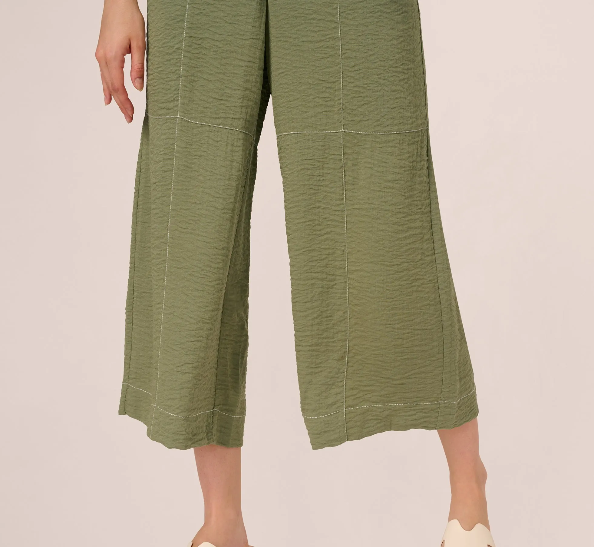 Contrast Stitching Crinkle Midi Pant In Oil Green Ivory sold by Adrianna Papell product image thumbnail 4