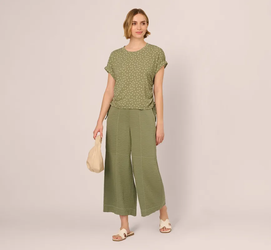 Contrast Stitching Crinkle Midi Pant In Oil Green Ivory sold by Adrianna Papell