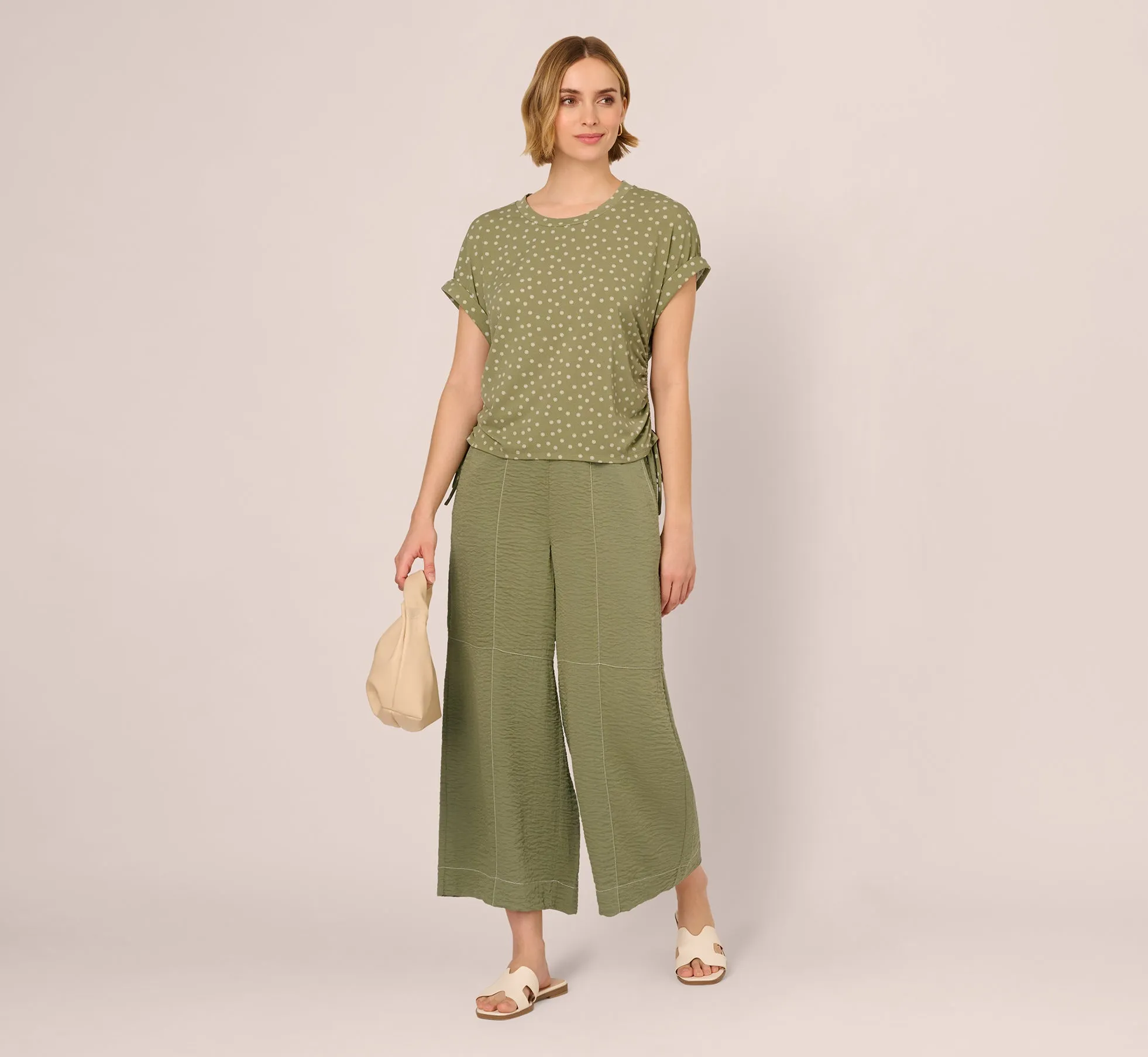 Contrast Stitching Crinkle Midi Pant In Oil Green Ivory sold by Adrianna Papell