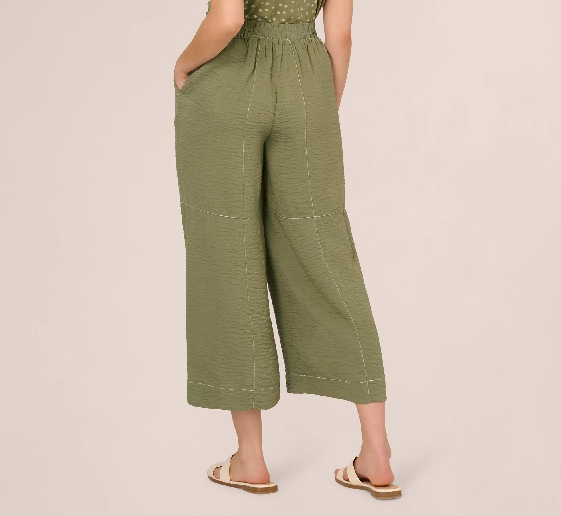 Contrast Stitching Crinkle Midi Pant In Oil Green Ivory sold by Adrianna Papell product image thumbnail 5