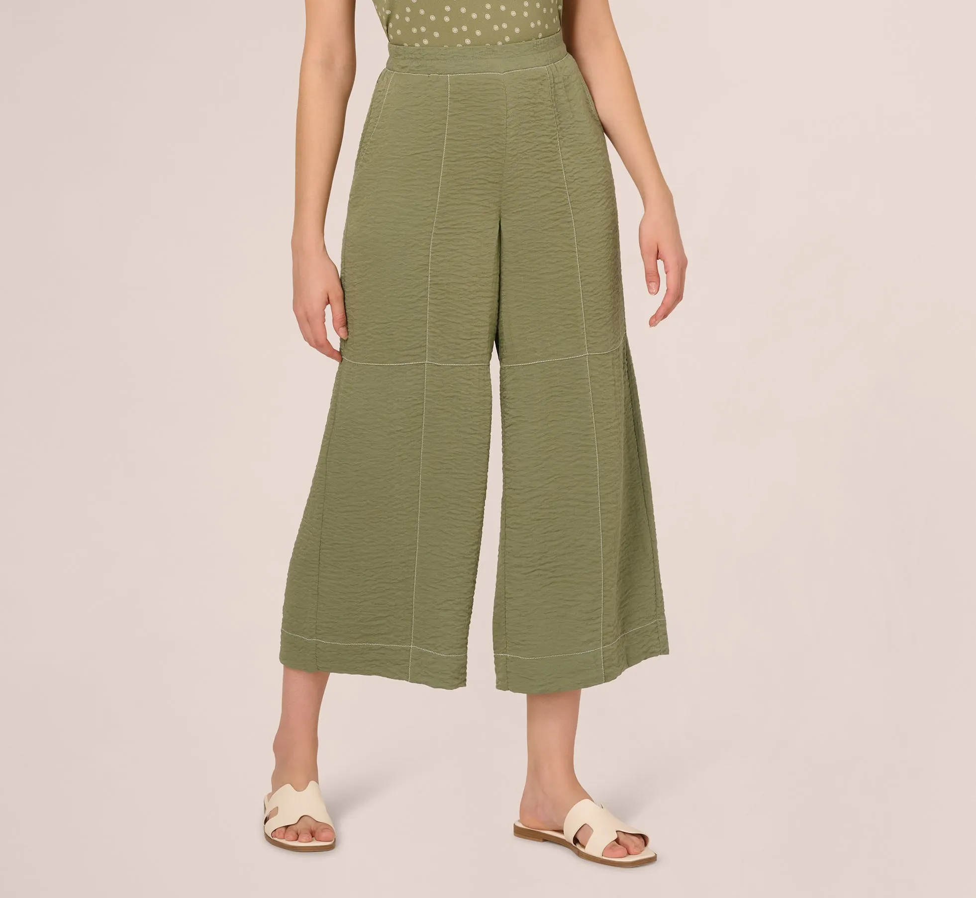Contrast Stitching Crinkle Midi Pant In Oil Green Ivory sold by Adrianna Papell product image thumbnail 2