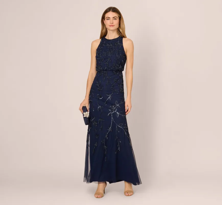 Sleeveless Blouson Mermaid Gown With Jasmine Beading In Light Navy sold by Adrianna Papell