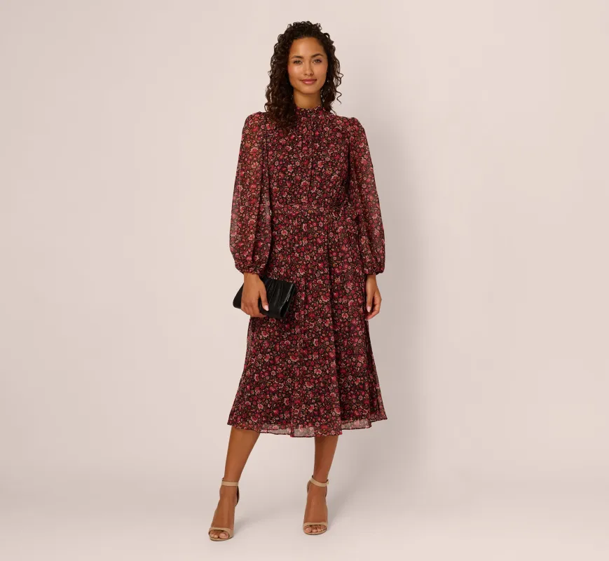 Long Sleeve Ditsy Floral Chiffon Midi Dress In Black Multi sold by Adrianna Papell