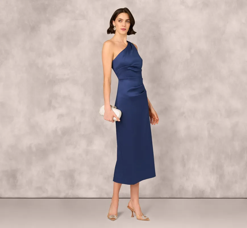 One Shoulder Satin Pleat Midi Dress In Navy sold by Adrianna Papell