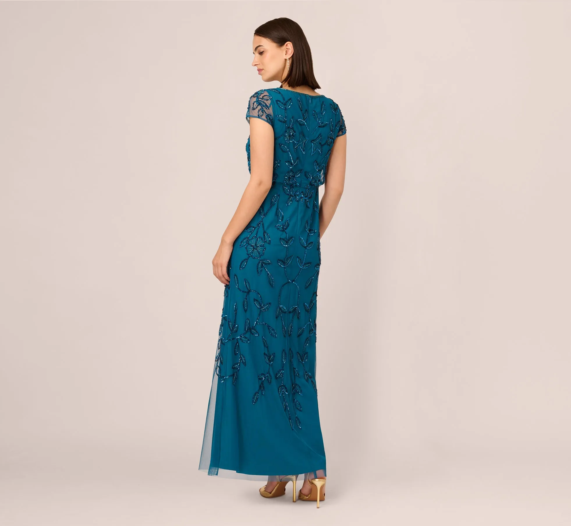Jasmine Beaded Blouson Gown With Sheer Short Sleeves In Teal Sapphire sold by Adrianna Papell product image thumbnail 5