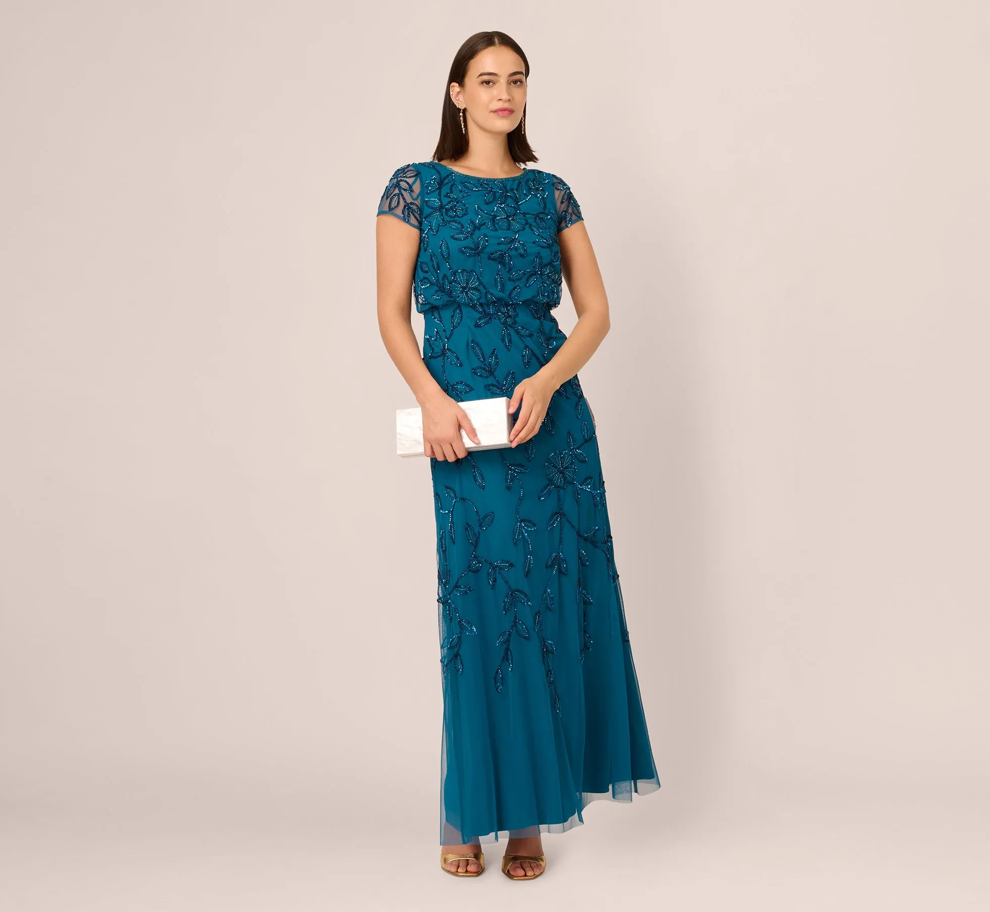 Jasmine Beaded Blouson Gown With Sheer Short Sleeves In Teal Sapphire sold by Adrianna Papell