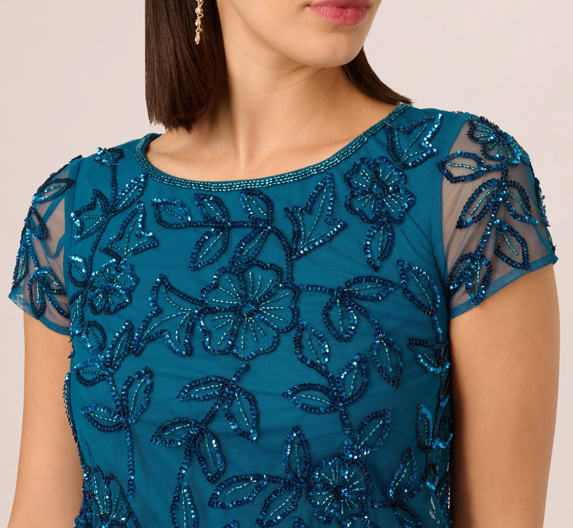 Jasmine Beaded Blouson Gown With Sheer Short Sleeves In Teal Sapphire sold by Adrianna Papell product image thumbnail 3