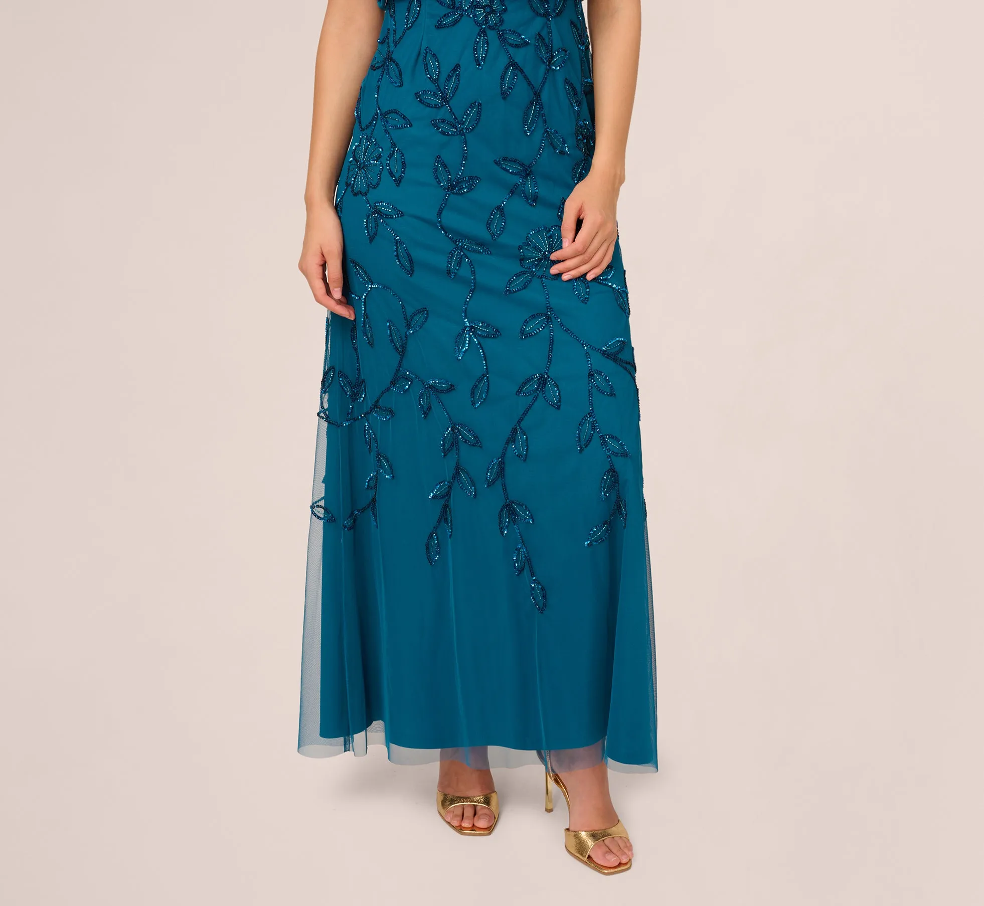 Jasmine Beaded Blouson Gown With Sheer Short Sleeves In Teal Sapphire sold by Adrianna Papell product image thumbnail 4
