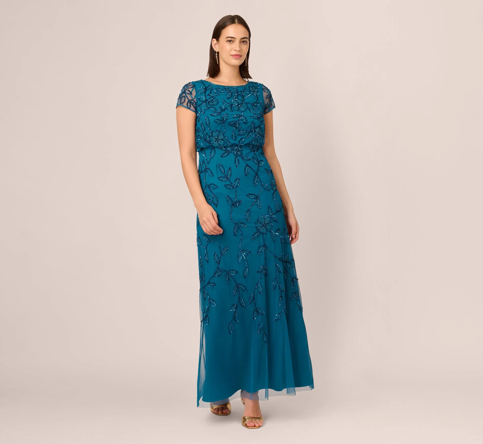 Jasmine Beaded Blouson Gown With Sheer Short Sleeves In Teal Sapphire sold by Adrianna Papell product image thumbnail 2