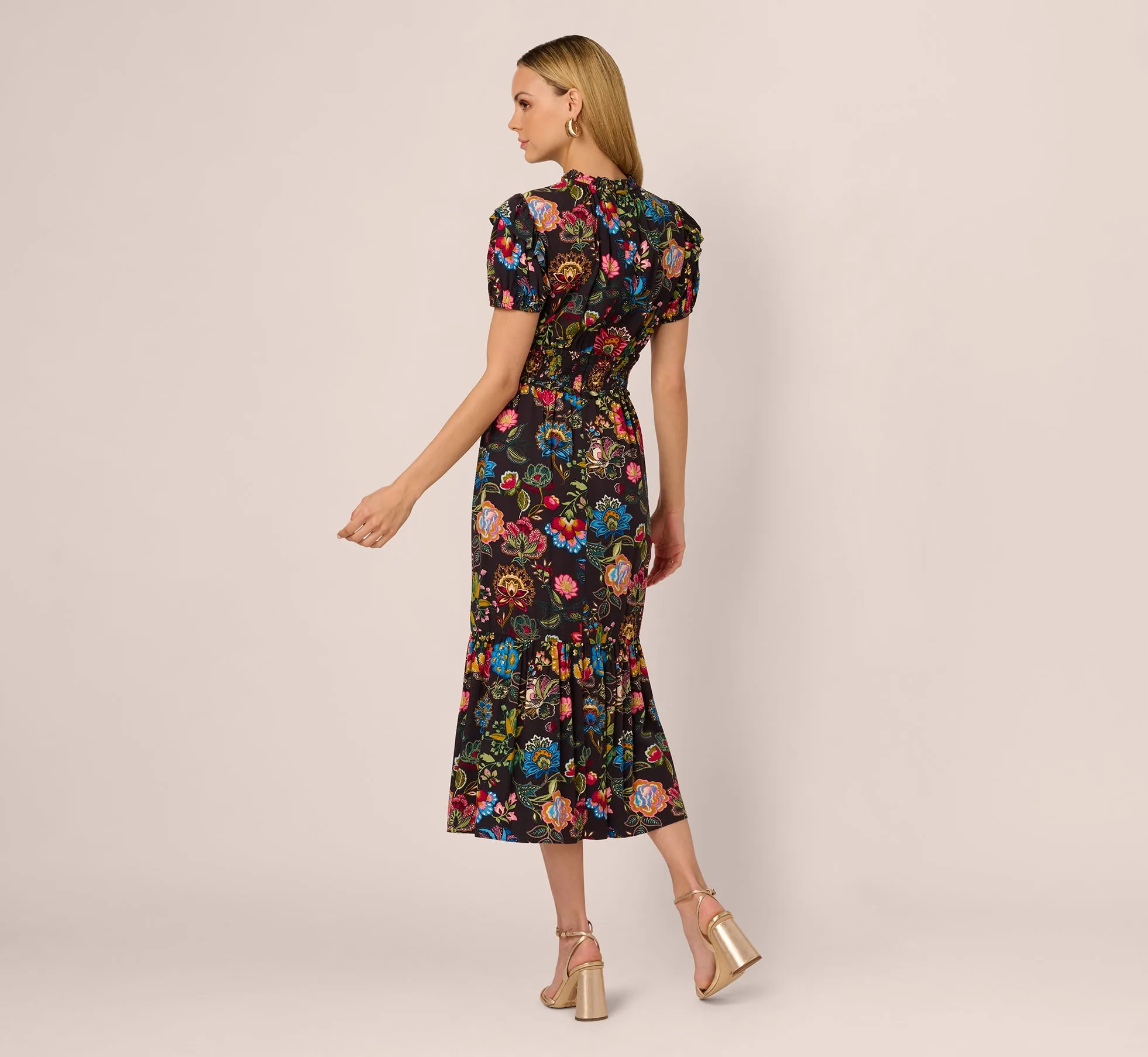 Puff Sleeve Floral Midi Flounce Dress In Black Multi sold by Adrianna Papell product image thumbnail 5