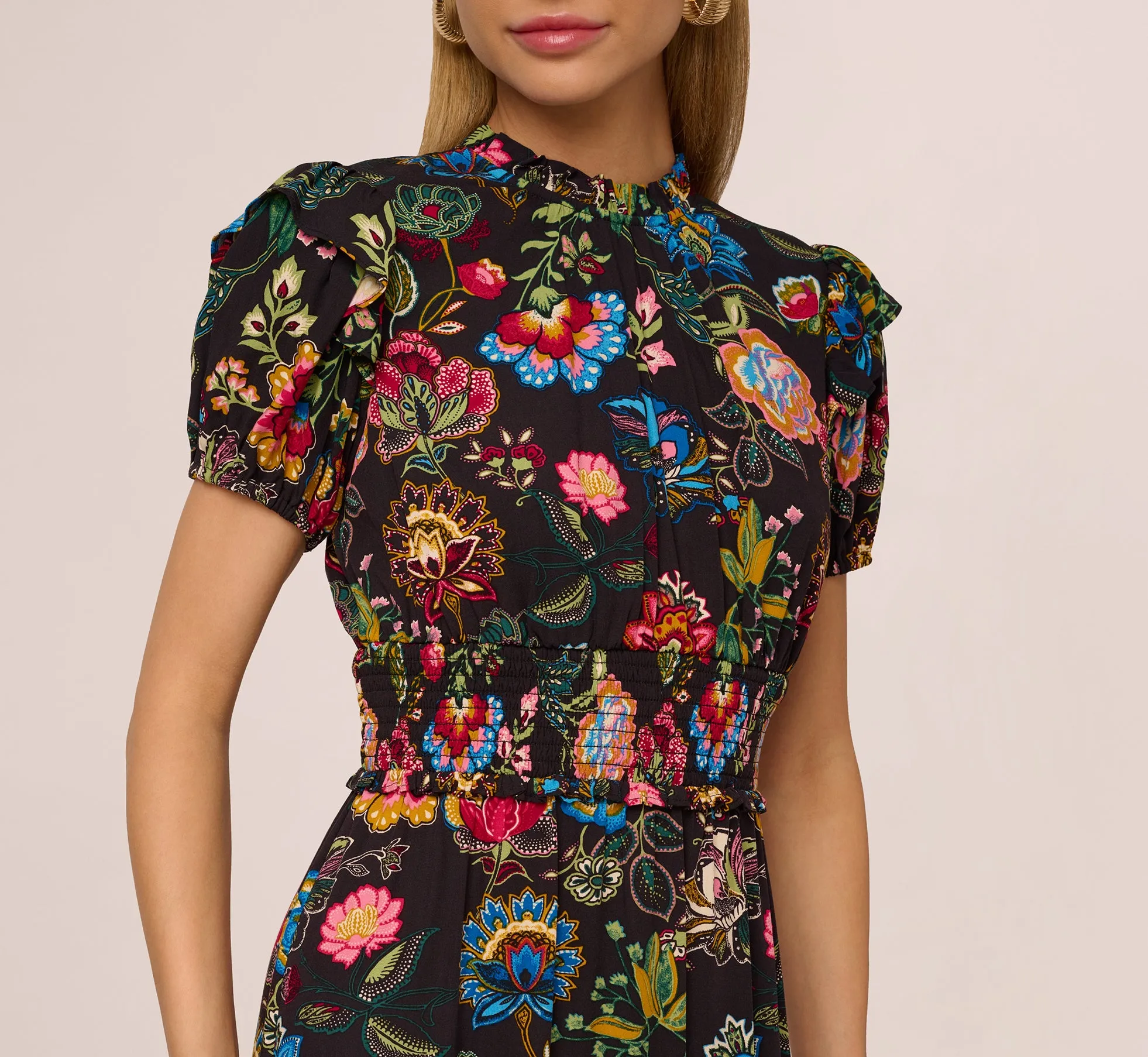 Puff Sleeve Floral Midi Flounce Dress In Black Multi sold by Adrianna Papell product image thumbnail 3