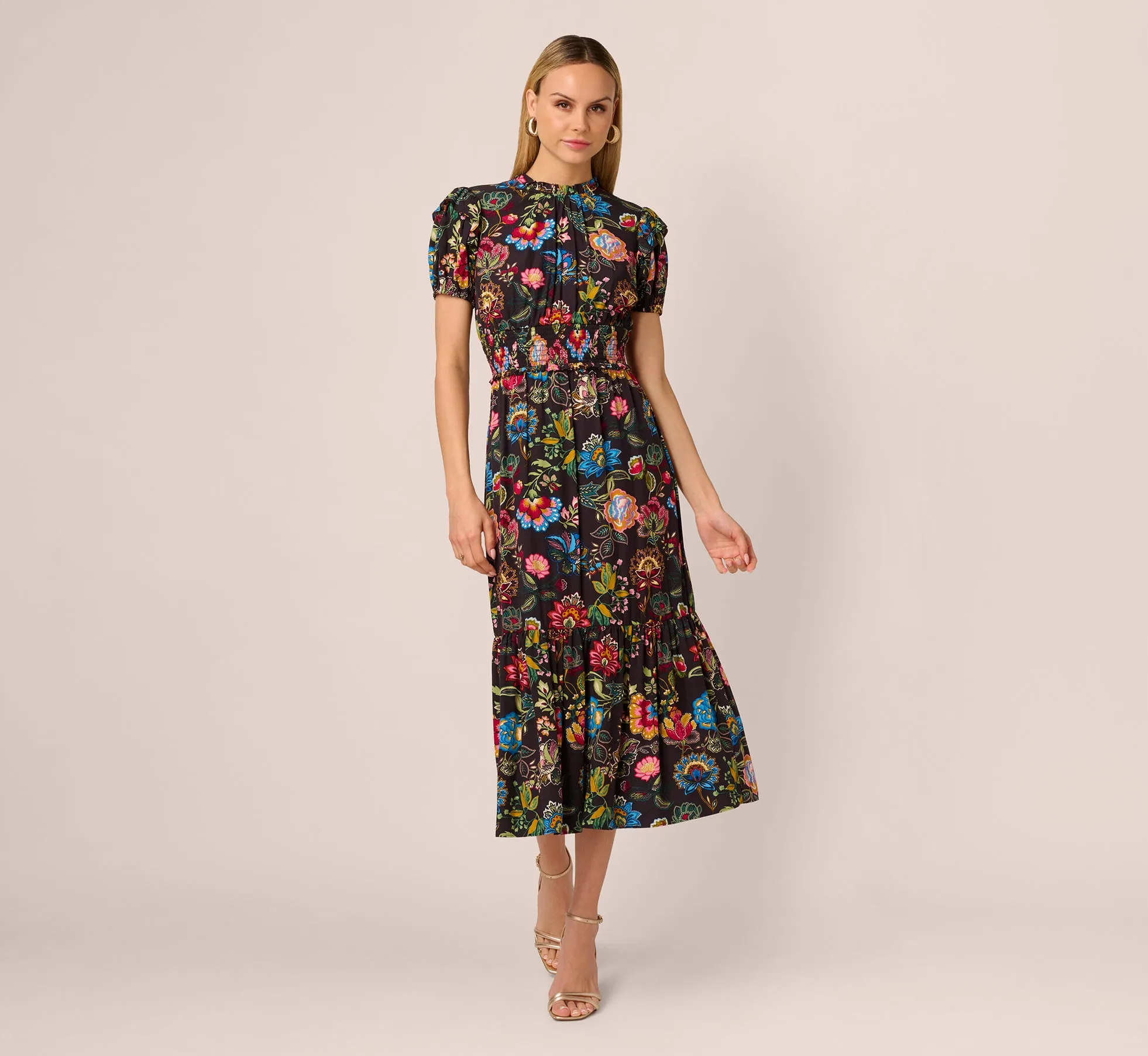 Puff Sleeve Floral Midi Flounce Dress In Black Multi sold by Adrianna Papell product image thumbnail 2