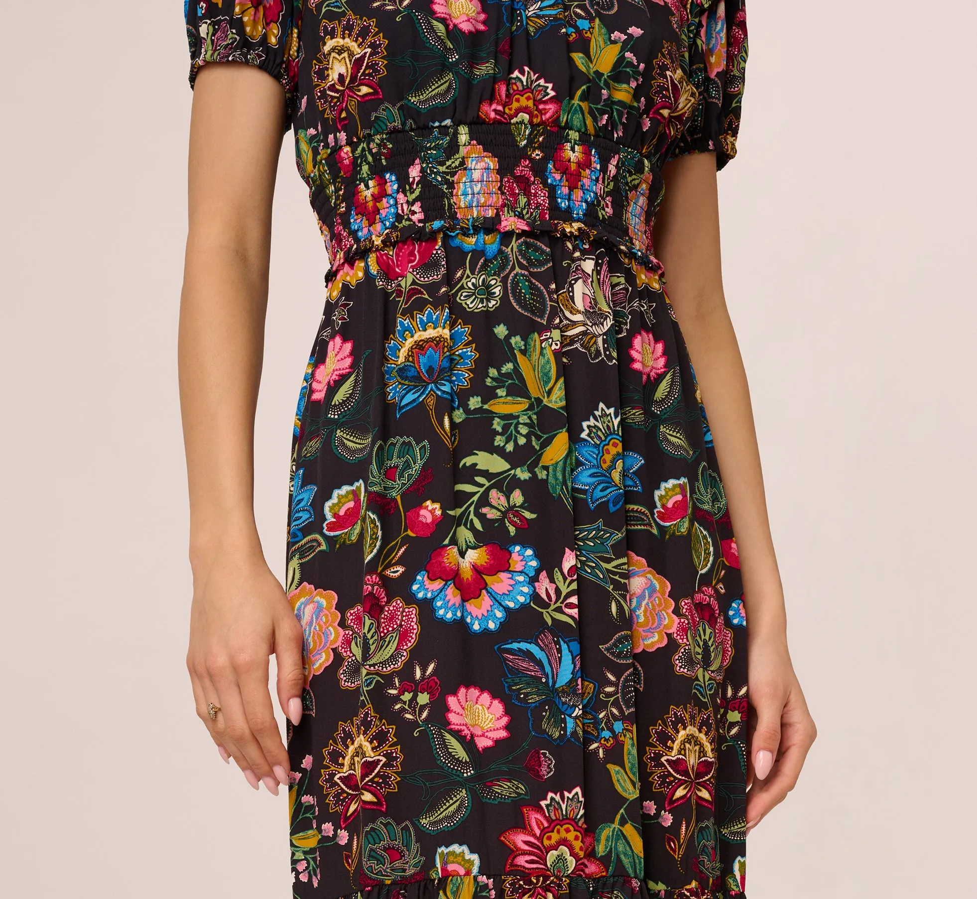 Puff Sleeve Floral Midi Flounce Dress In Black Multi sold by Adrianna Papell product image thumbnail 4