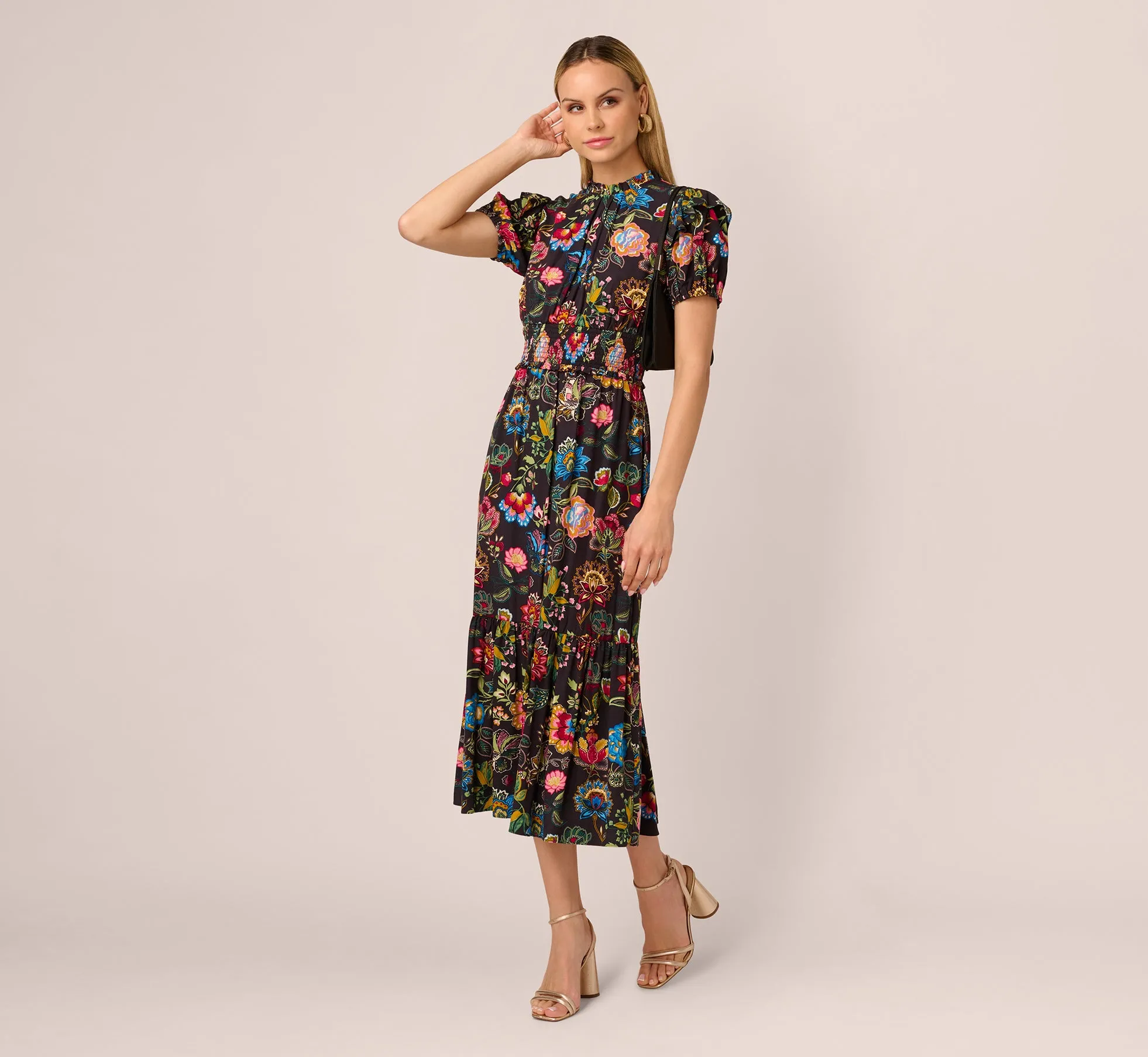 Puff Sleeve Floral Midi Flounce Dress In Black Multi sold by Adrianna Papell