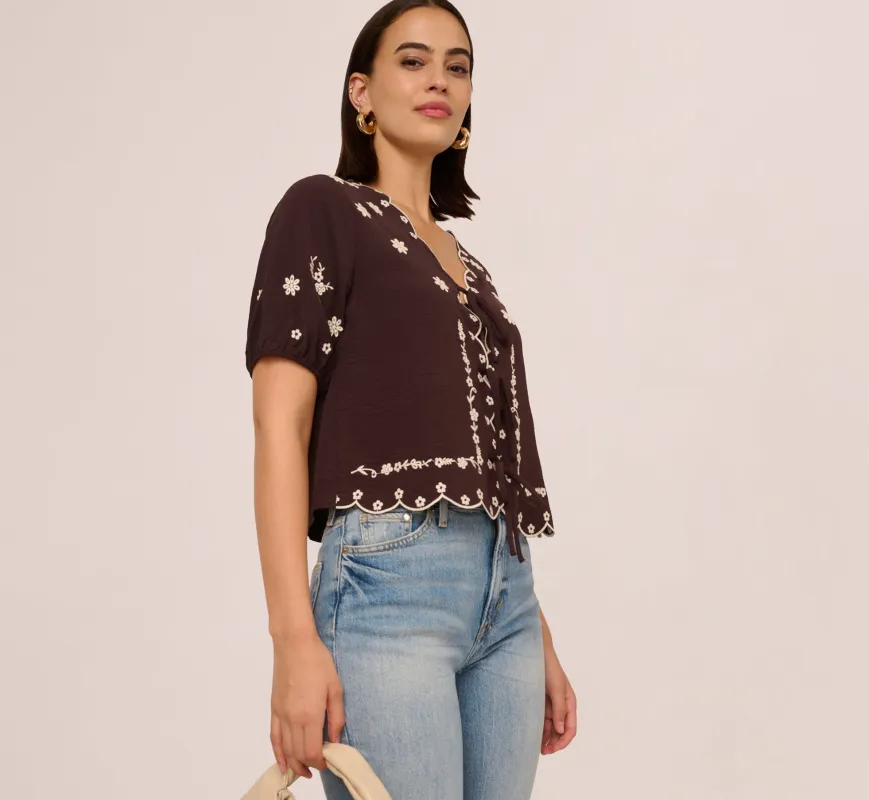 Puff Sleeve Embroidered Tie Front Top In Chocolate Ecru sold by Adrianna Papell