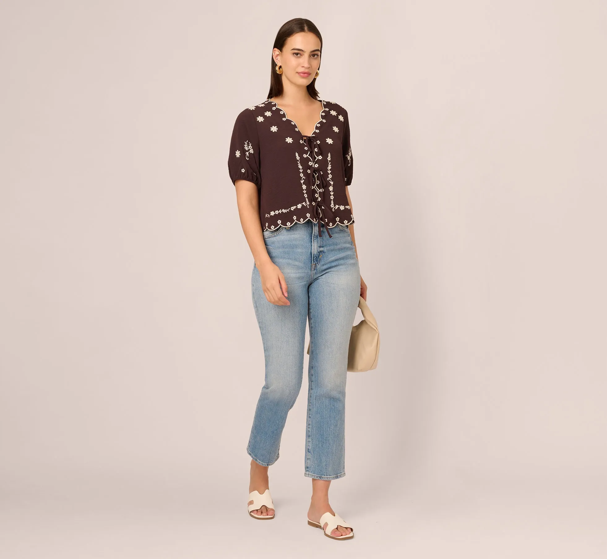 Puff Sleeve Embroidered Tie Front Top In Chocolate Ecru sold by Adrianna Papell product image thumbnail 2