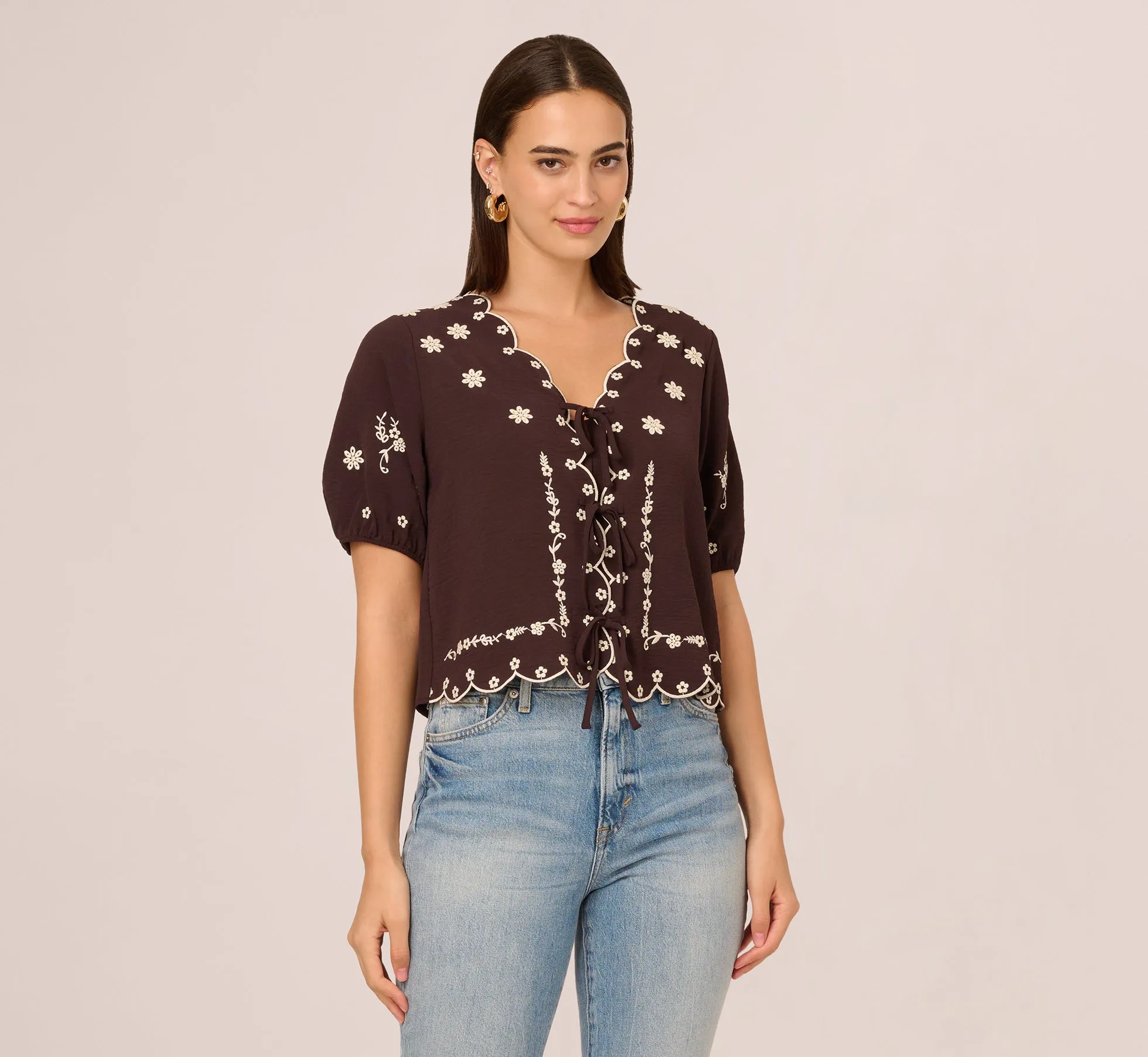 Puff Sleeve Embroidered Tie Front Top In Chocolate Ecru sold by Adrianna Papell product image thumbnail 3