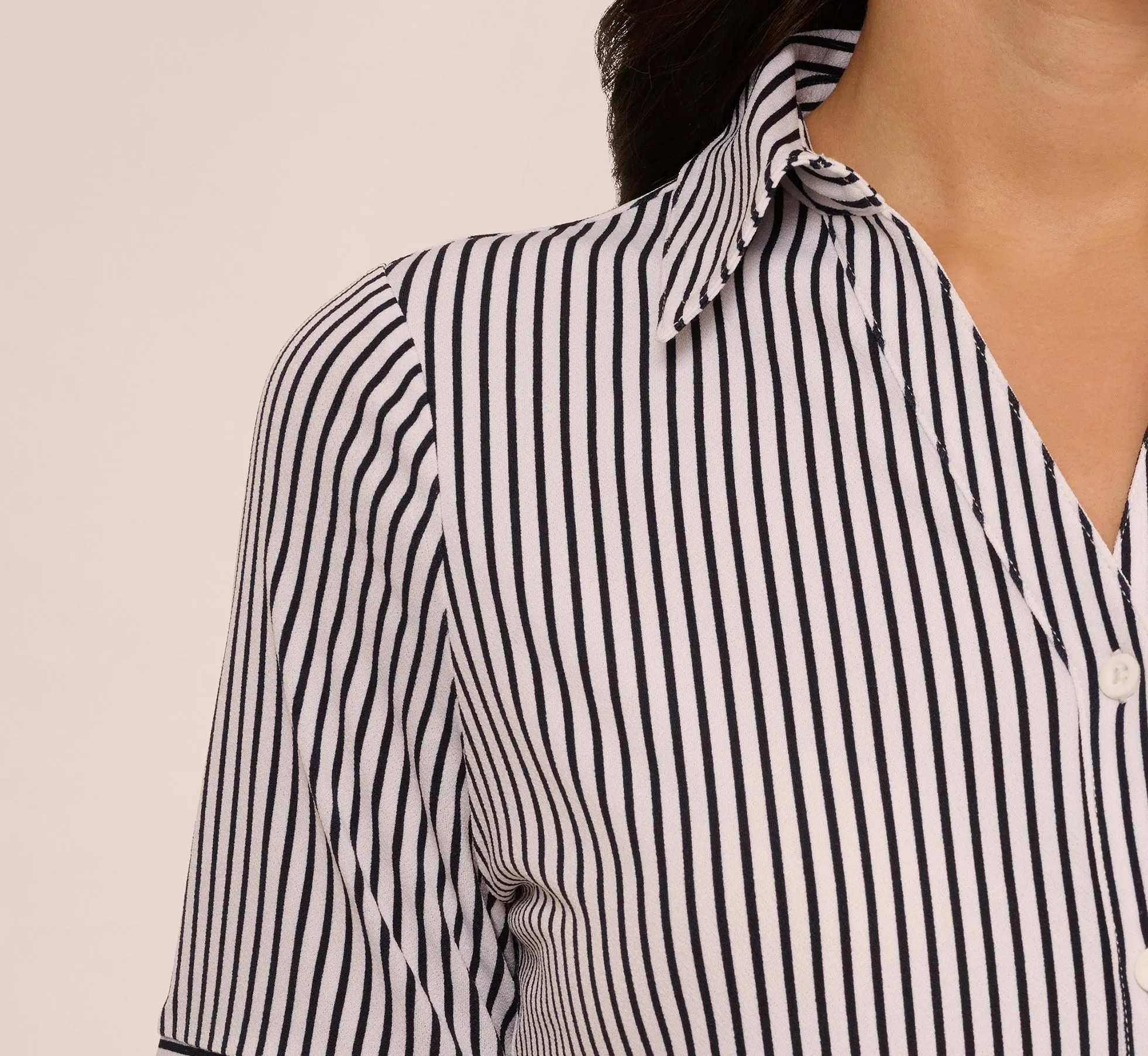 Short Sleeve Button Front Cropped Blouse In Ivory Navy Easy Stripe sold by Adrianna Papell product image thumbnail 5