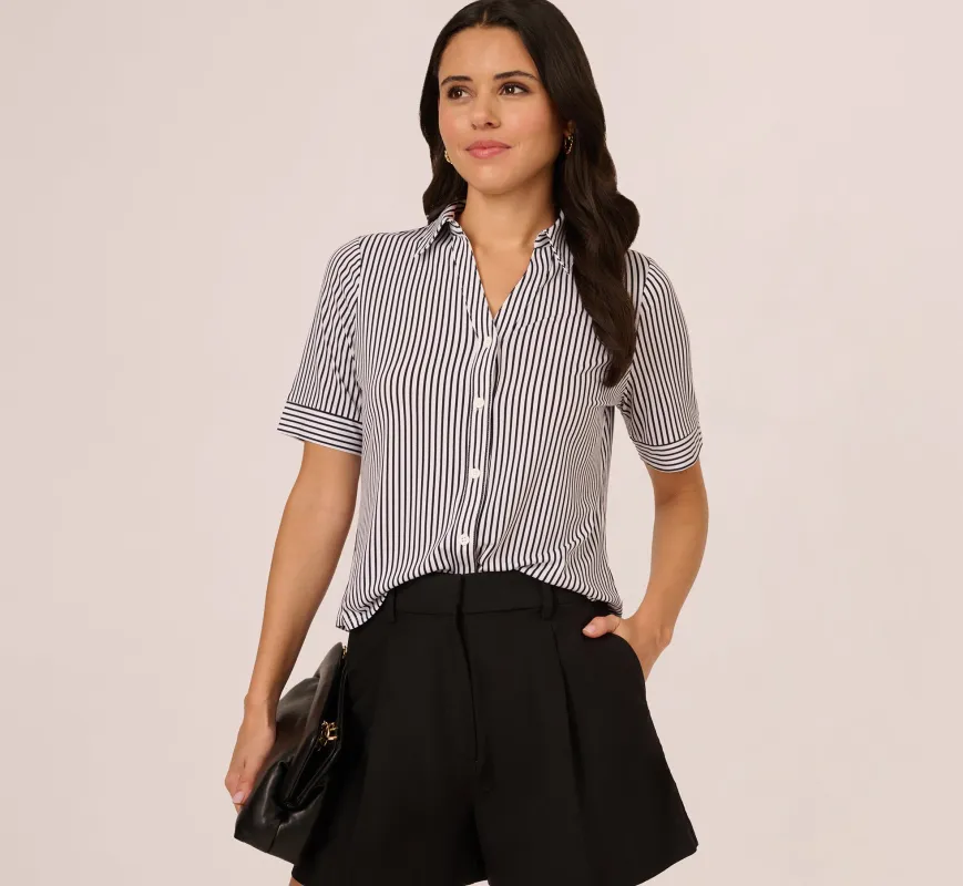 Short Sleeve Button Front Cropped Blouse In Ivory Navy Easy Stripe sold by Adrianna Papell