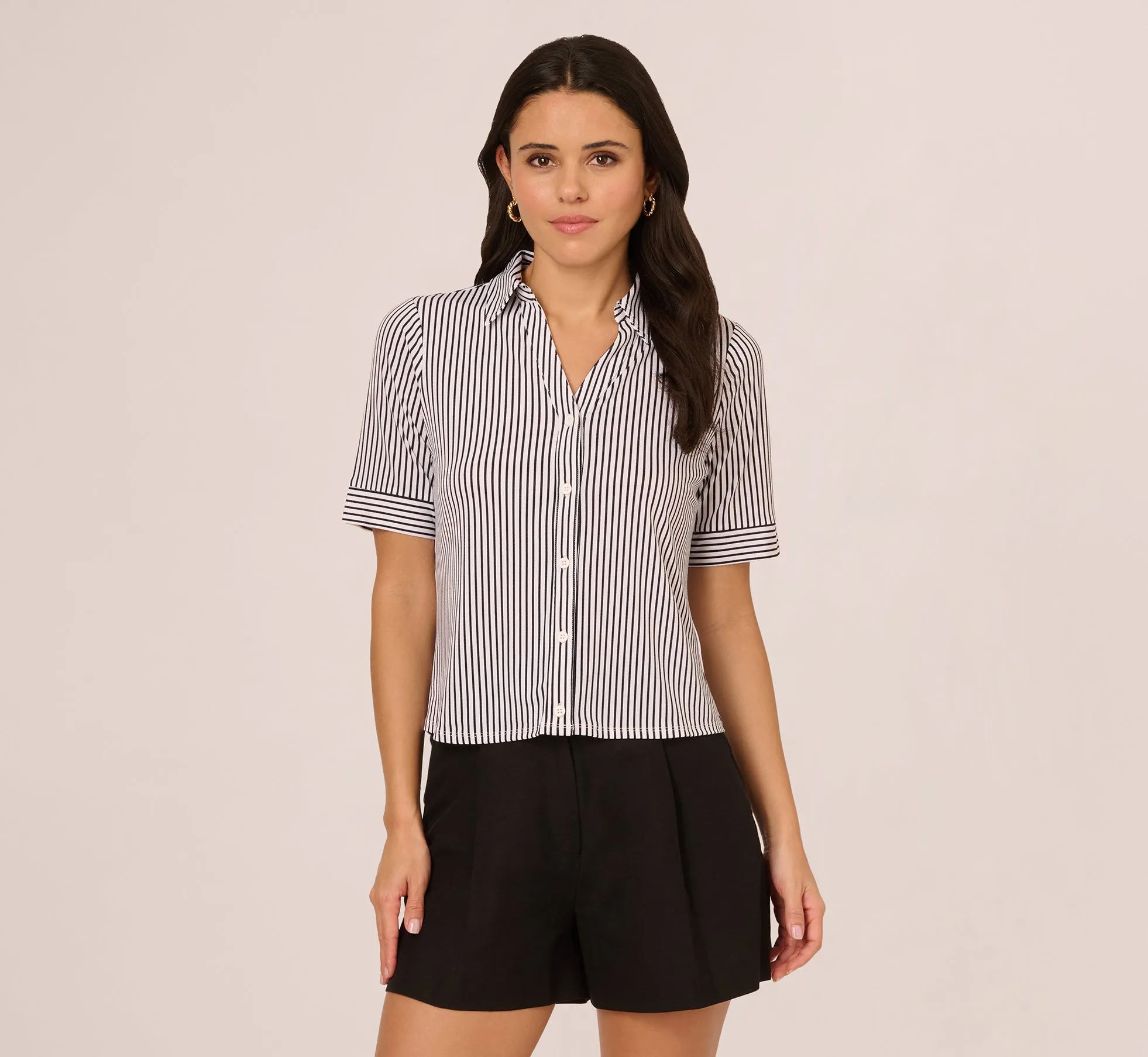 Short Sleeve Button Front Cropped Blouse In Ivory Navy Easy Stripe sold by Adrianna Papell product image thumbnail 3