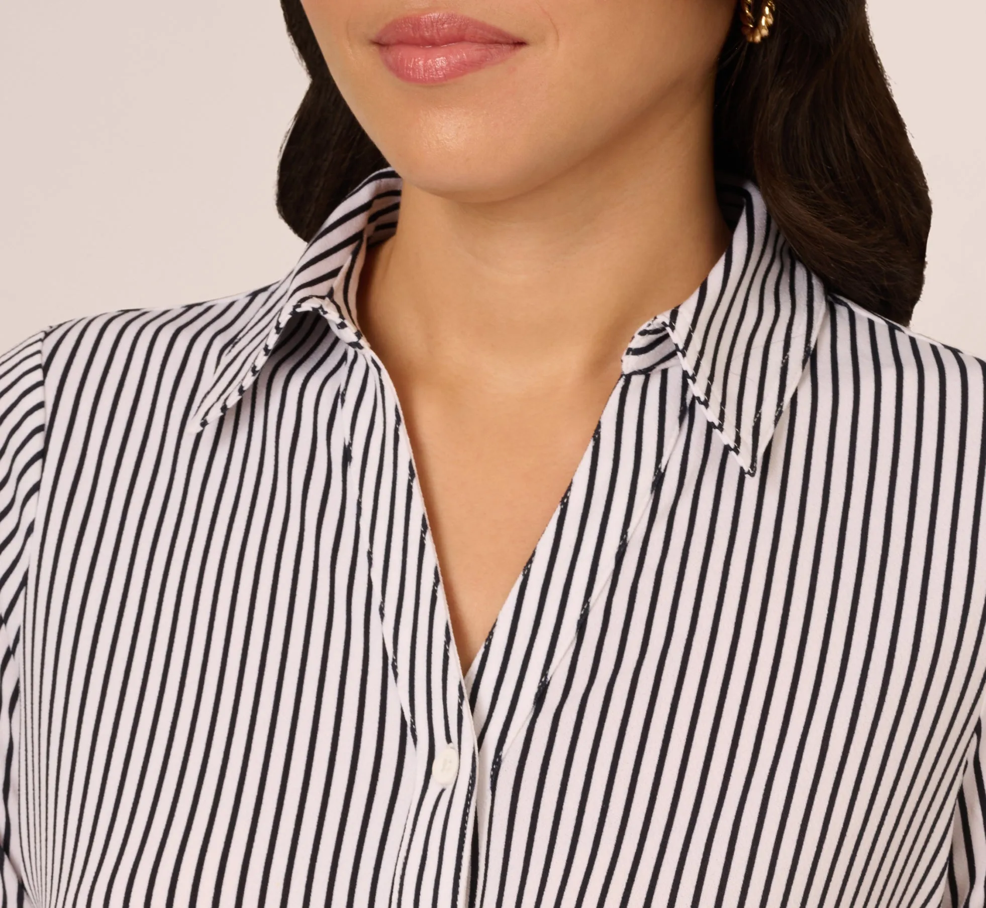 Short Sleeve Button Front Cropped Blouse In Ivory Navy Easy Stripe sold by Adrianna Papell product image thumbnail 4