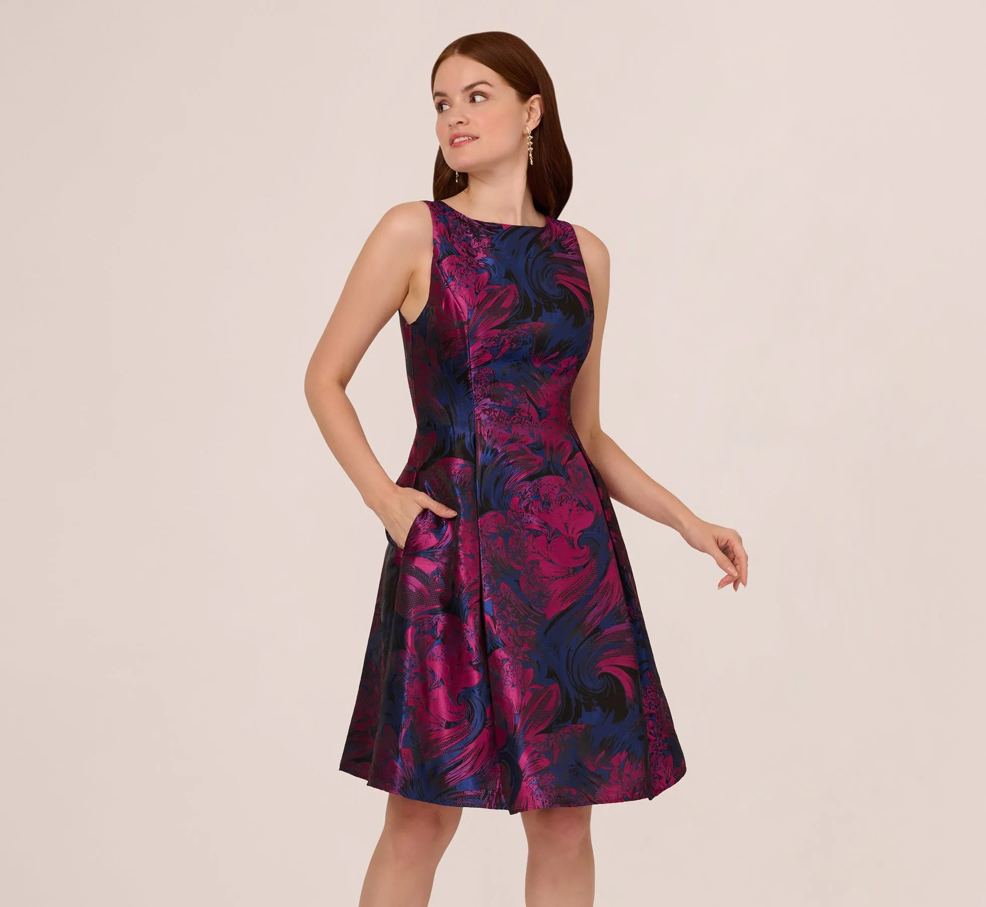 Floral Jacquard Short Dress With Envelope Back In Navy Orchid sold by Adrianna Papell product image thumbnail 2