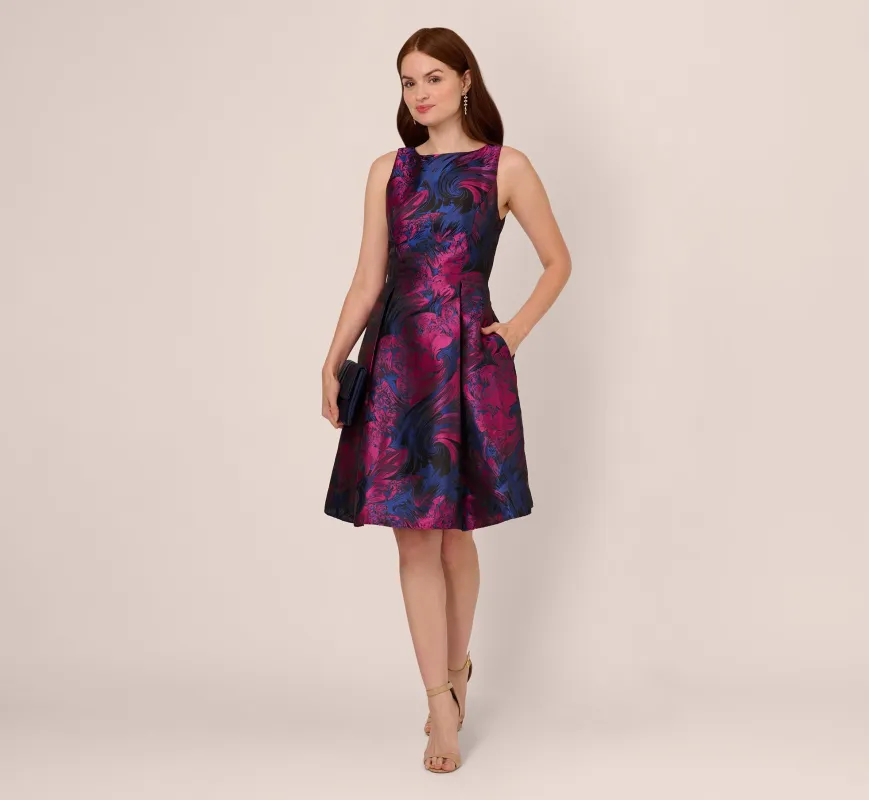 Floral Jacquard Short Dress With Envelope Back In Navy Orchid sold by Adrianna Papell