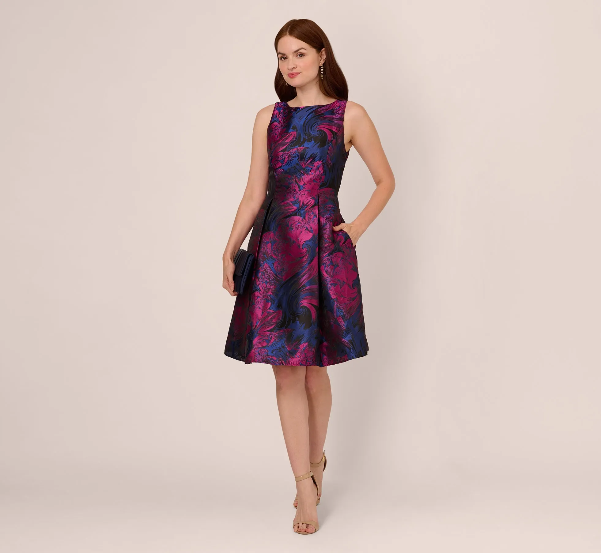 Floral Jacquard Short Dress With Envelope Back In Navy Orchid sold by Adrianna Papell