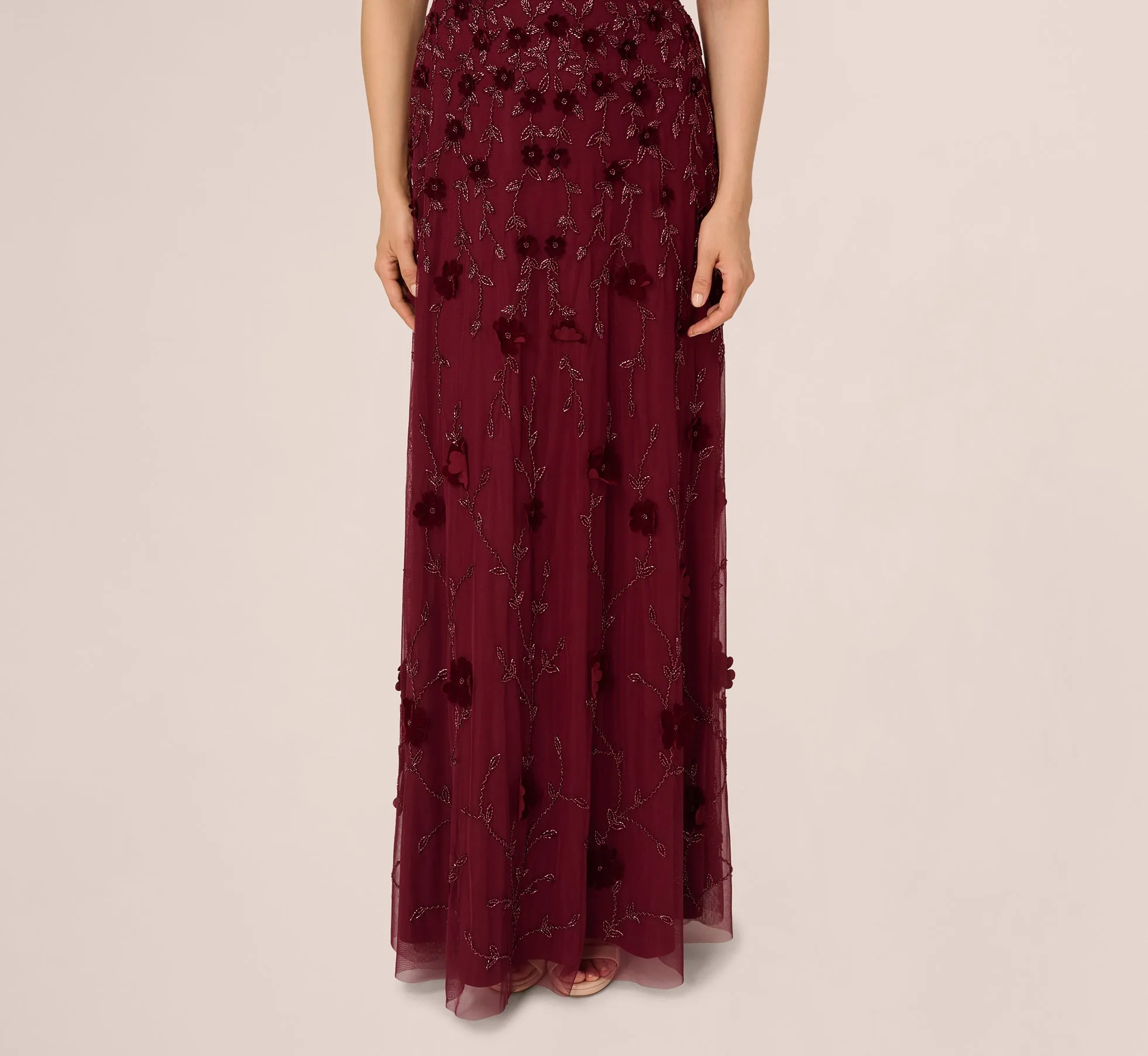 Velvet Floral Beaded Gown With Sheer Tank Straps In Mahogany sold by Adrianna Papell product image thumbnail 4