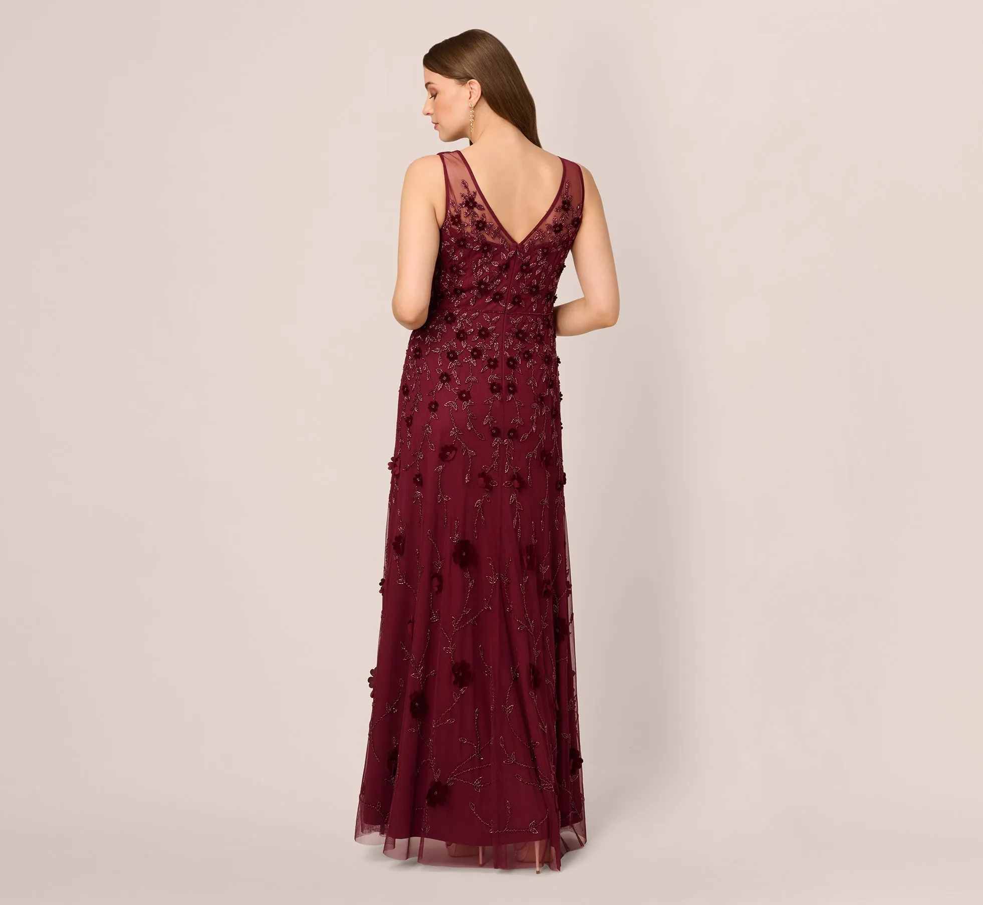 Velvet Floral Beaded Gown With Sheer Tank Straps In Mahogany sold by Adrianna Papell product image thumbnail 5