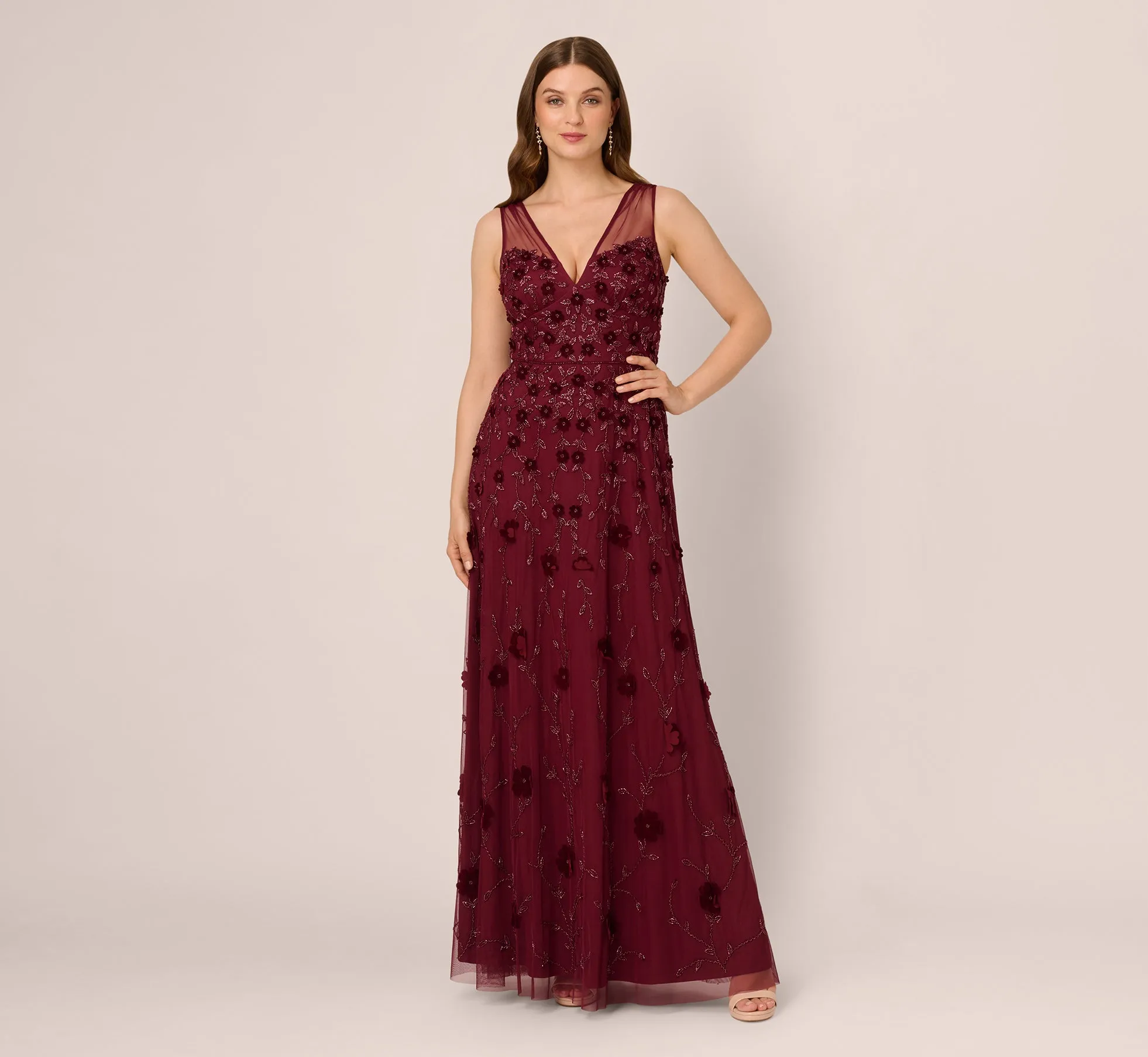 Velvet Floral Beaded Gown With Sheer Tank Straps In Mahogany sold by Adrianna Papell product image thumbnail 2