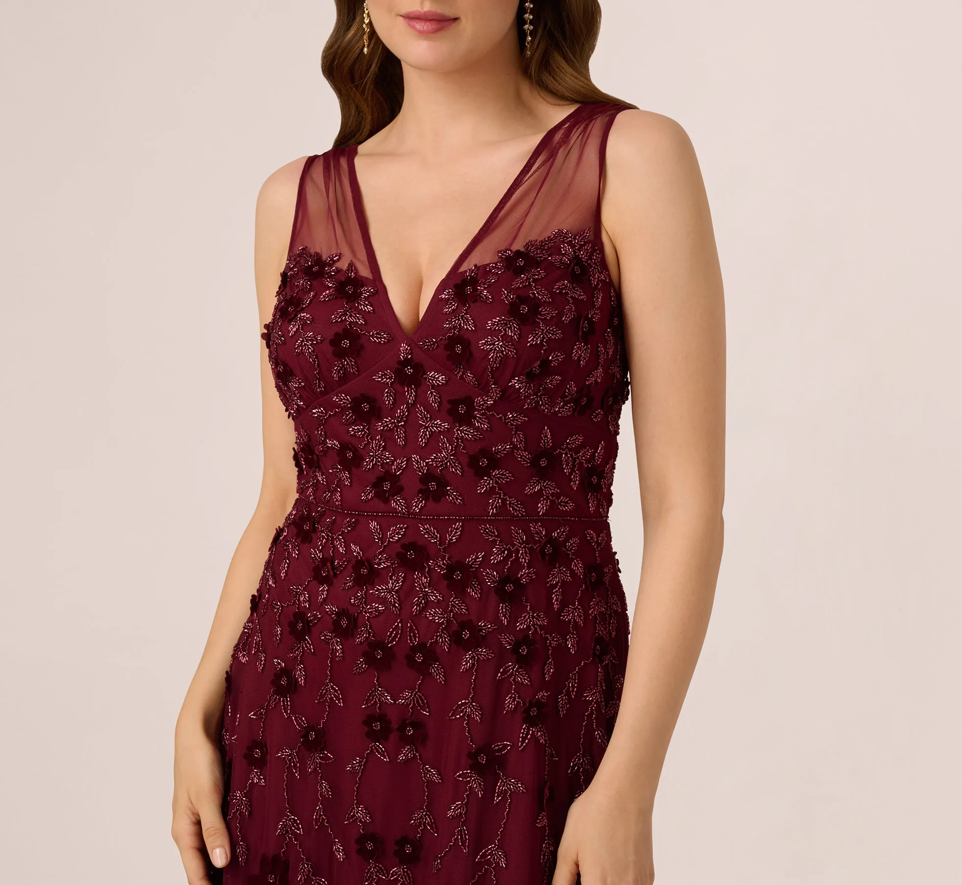 Velvet Floral Beaded Gown With Sheer Tank Straps In Mahogany sold by Adrianna Papell product image thumbnail 3