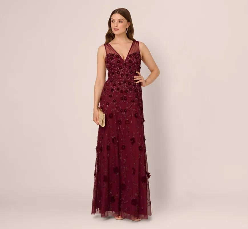 Velvet Floral Beaded Gown With Sheer Tank Straps In Mahogany sold by Adrianna Papell