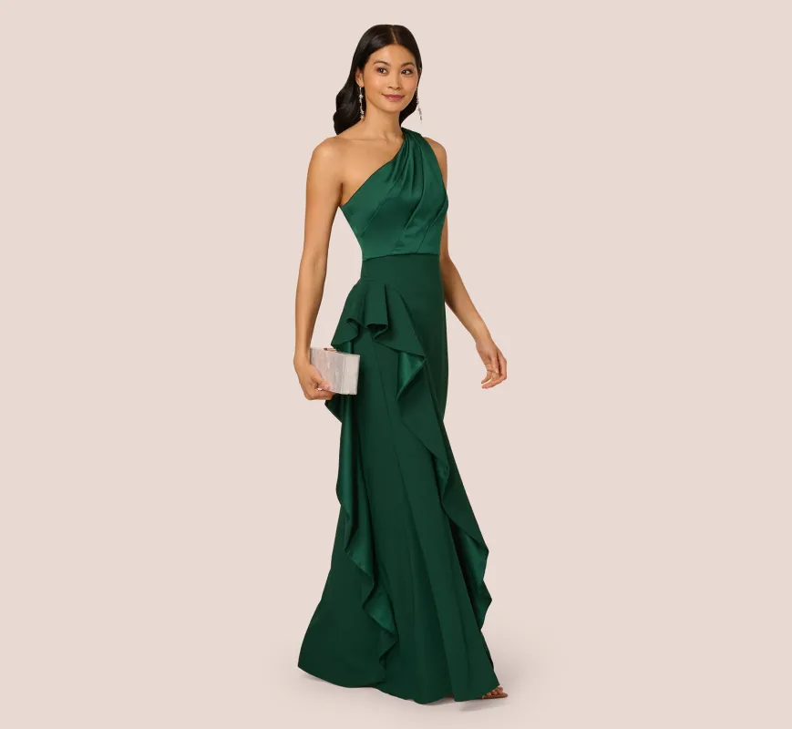 One-Shoulder Long Satin Crepe Mermaid Gown In Deep Forest sold by Adrianna Papell