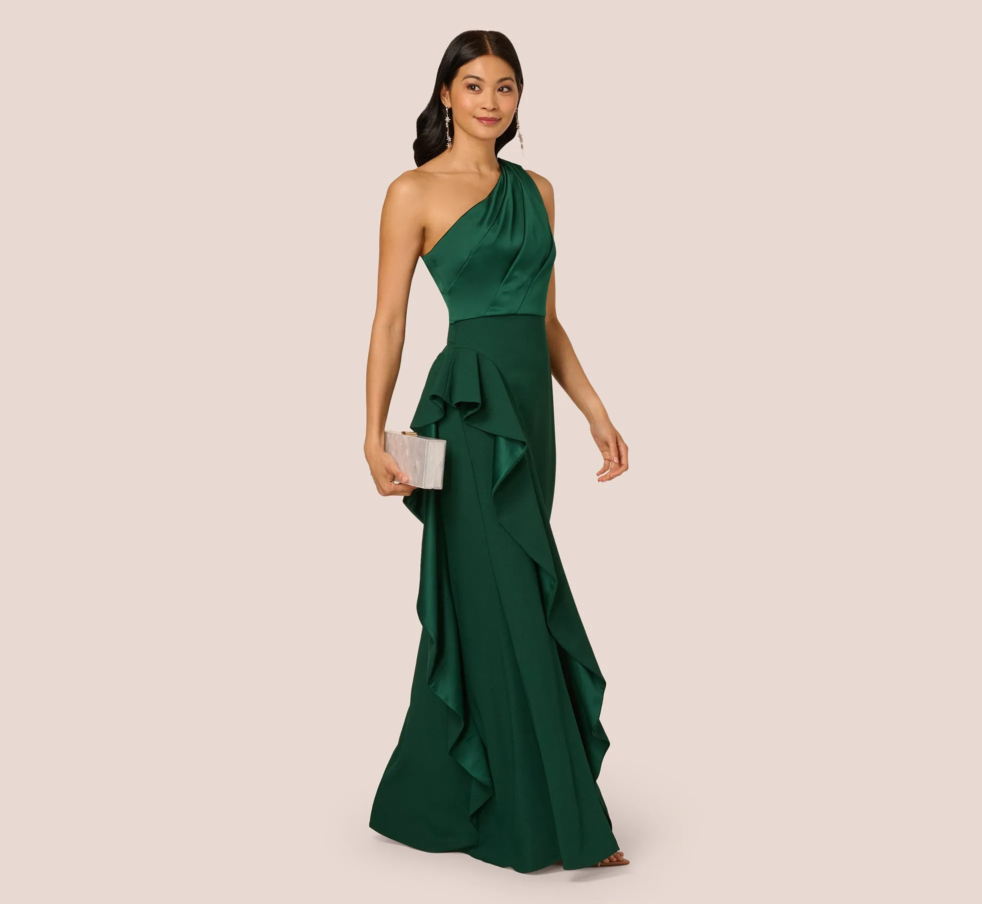 One-Shoulder Long Satin Crepe Mermaid Gown In Deep Forest sold by Adrianna Papell
