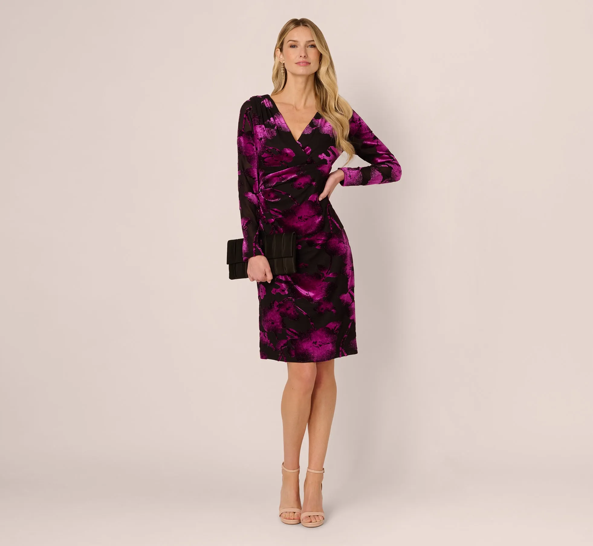 Long Sleeve Floral Burnout Sheath Dress In Black Violet sold by Adrianna Papell