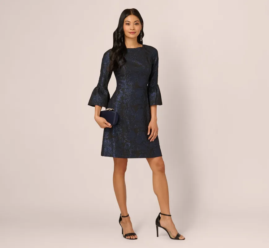 Three Quarter Bell Sleeve Short Jacquard Dress In Navy Black sold by Adrianna Papell
