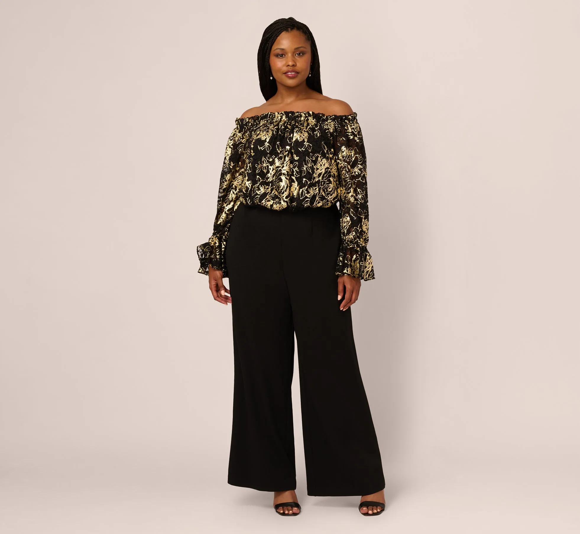 Plus Size Lace And Crepe Jumpsuit In Black Gold sold by Adrianna Papell product image thumbnail 2