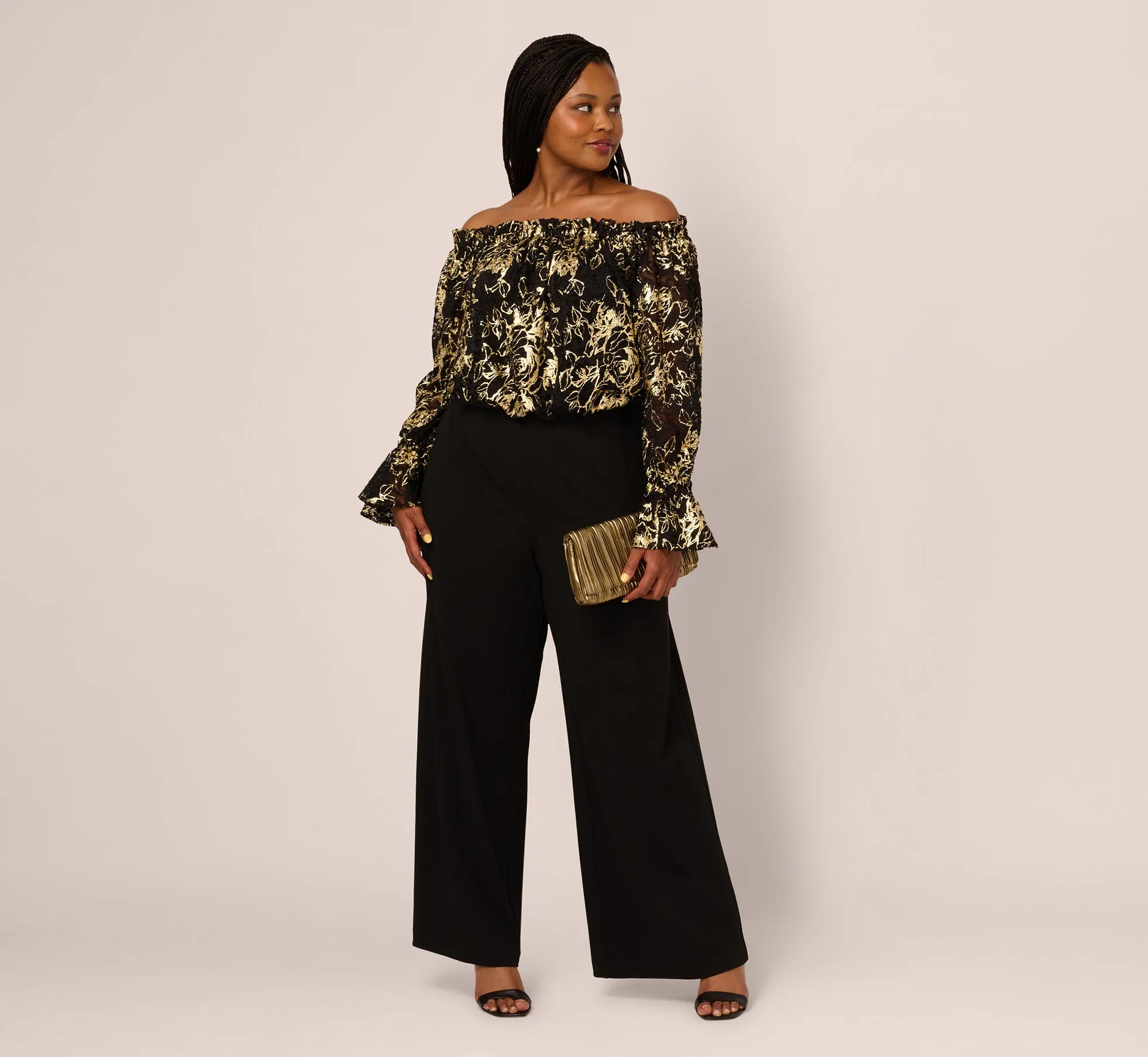 Plus Size Lace And Crepe Jumpsuit In Black Gold sold by Adrianna Papell