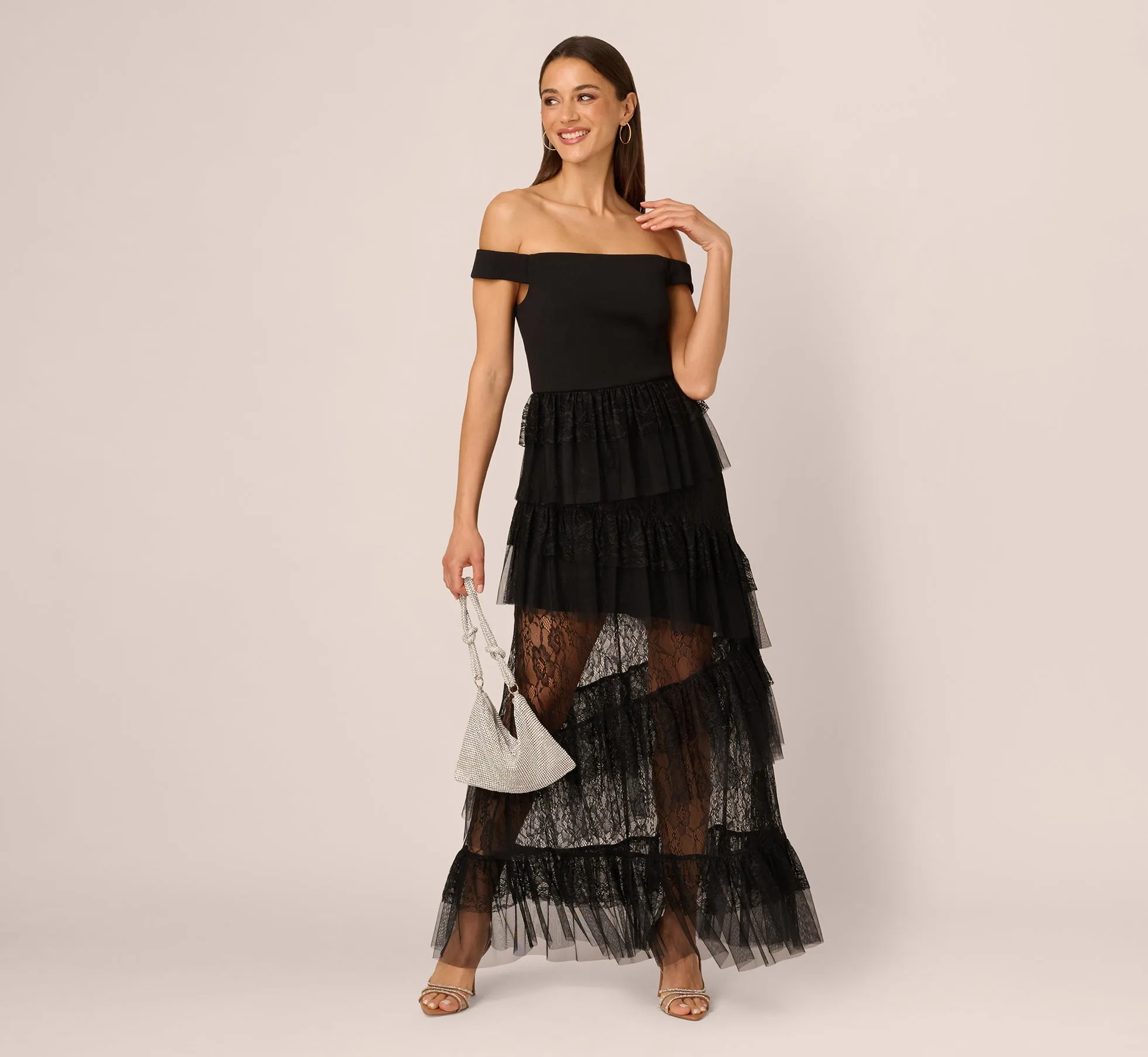 Off Shoulder Lace Ruffle Combo Gown In Black sold by Adrianna Papell