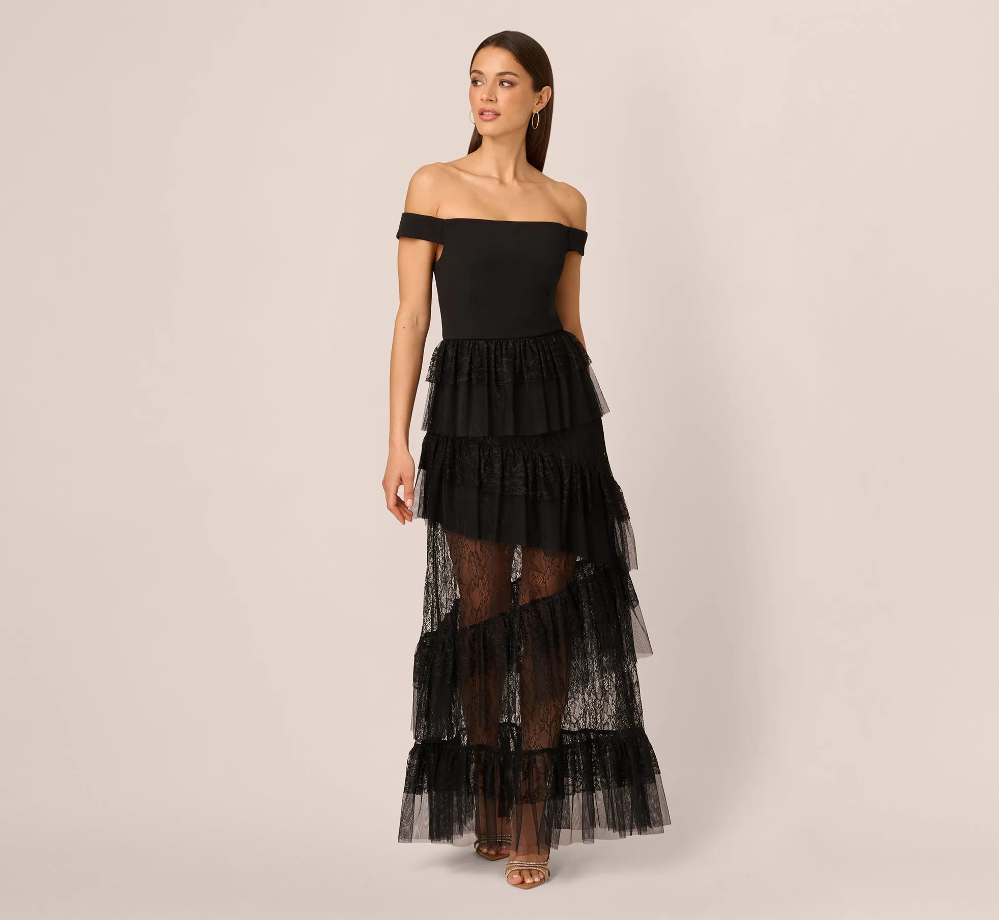 Off Shoulder Lace Ruffle Combo Gown In Black sold by Adrianna Papell product image thumbnail 2