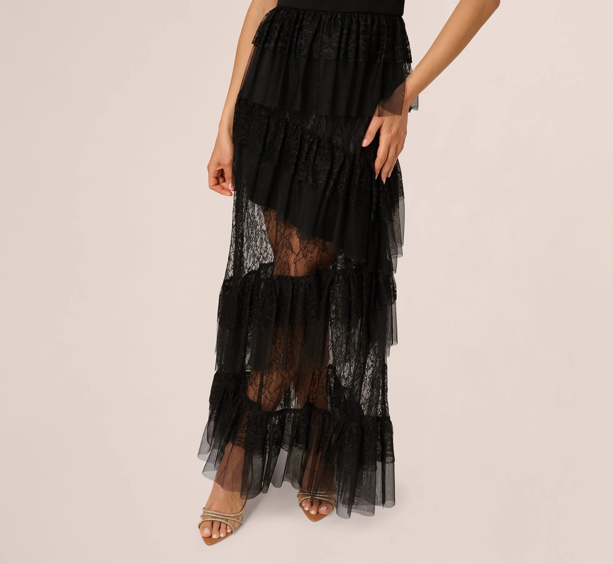 Off Shoulder Lace Ruffle Combo Gown In Black sold by Adrianna Papell product image thumbnail 4